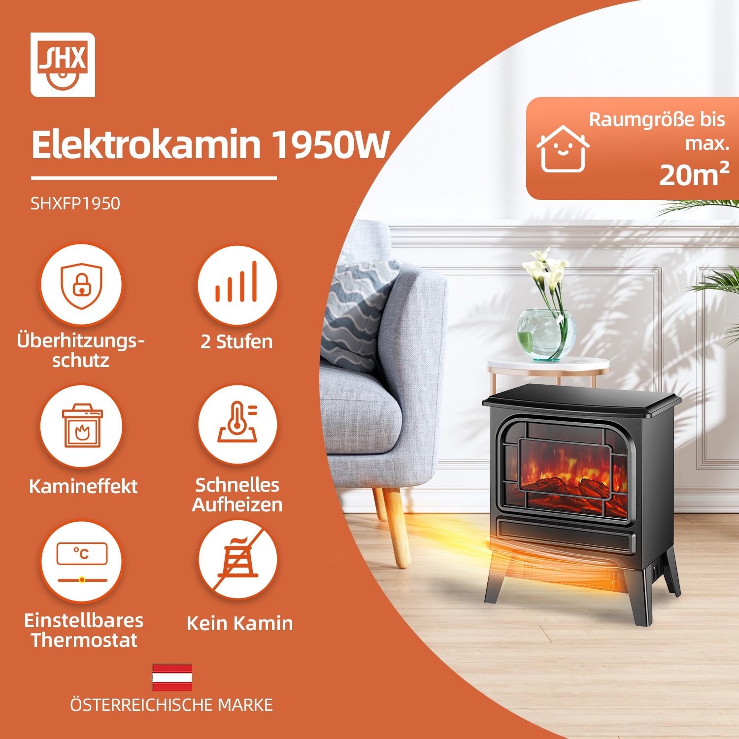 SHX Elektrokamin »Elektrokamin 1950W SHXFP1950 schwarz«