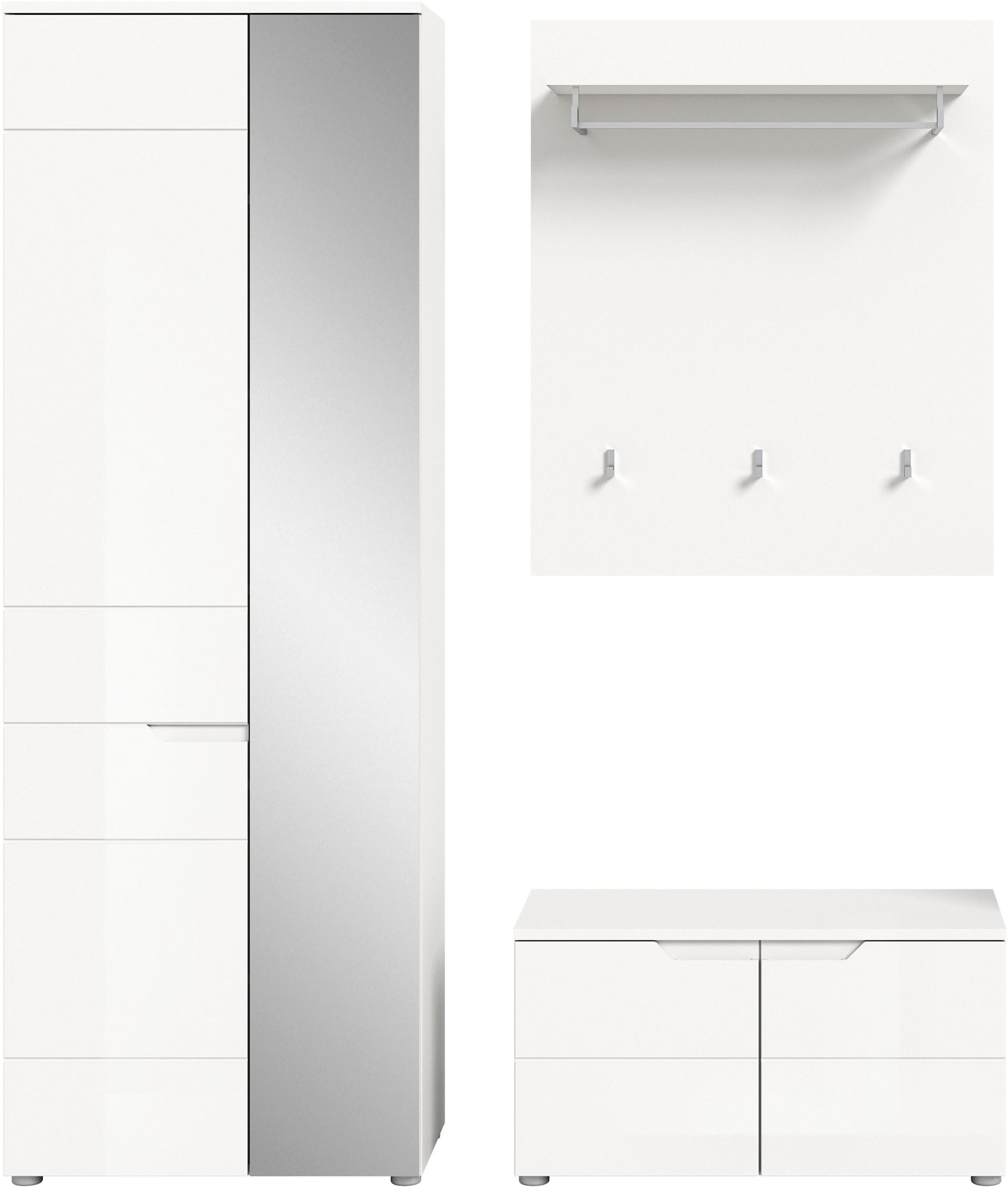 INOSIGN Garderoben-Set »CAPRI, 3-teilig, mit eingefasster Griffmulde, bestehend aus:«, (3 St.), Garderobenschrank, Sitzbank und Garderobenpaneel
