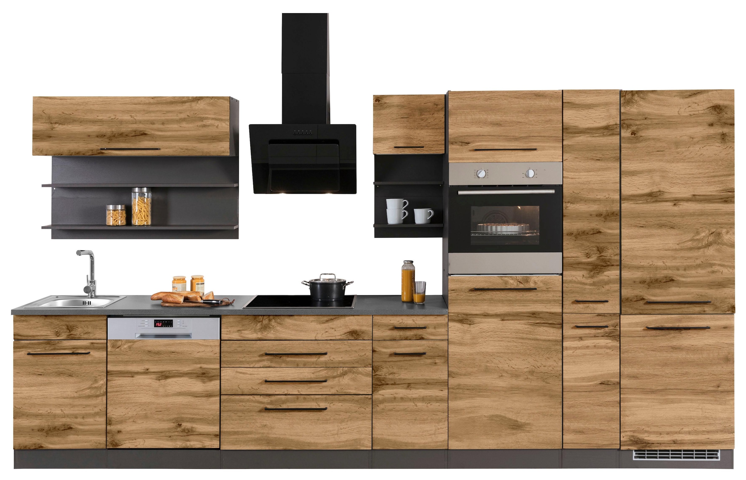 KOCHSTATION Küchenzeile »KS-Tulsa« ohne E-Geräte, Breite 380 cm, schwarze Metallgriffe, MDF Fronten