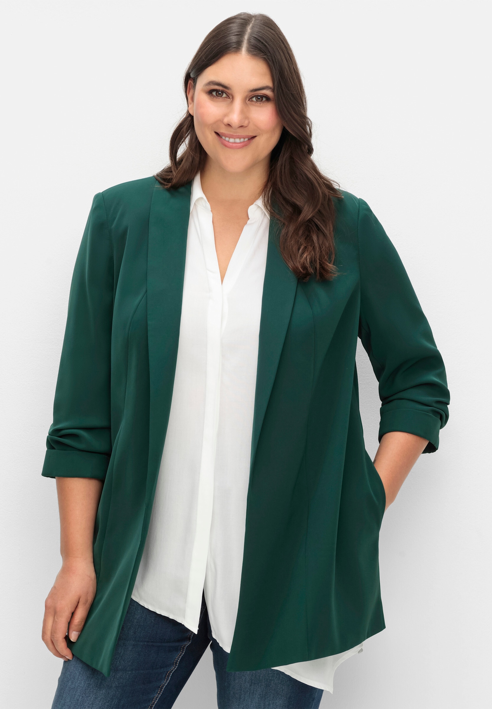 Sheego Blusenblazer »Longblazer Longblazer mit Schalkragen« mit Schalkragen und gerafftem 3/4-Arm