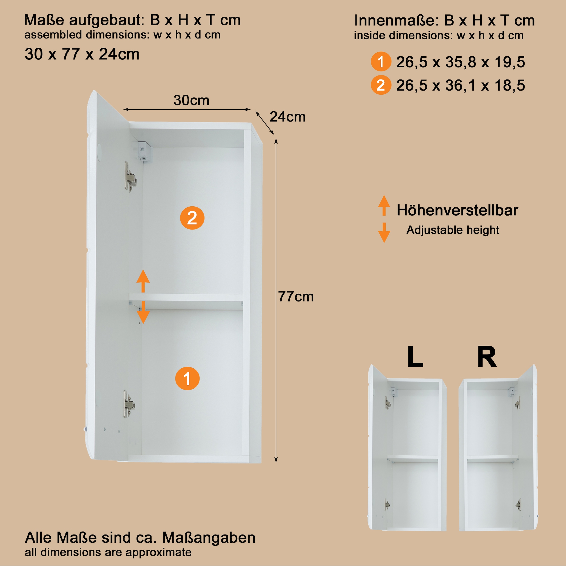 welltime Hängeschrank »Sovana« Badezimmerschrank mit 2 Fächern in Weiß - (B/T/H) 30/24/77 cm