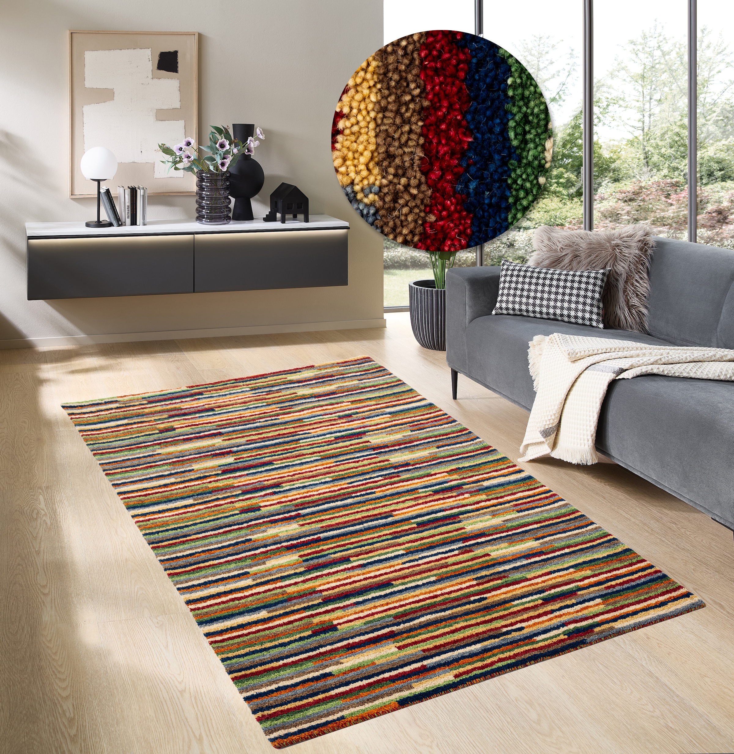 THEKO Wollteppich »Gabbeh Multi, Handweb Teppich, meliert, reine Wolle,«, rechteckig, 15 mm Höhe, Wohnzimmer, Schlafzimmer, Esszimmer