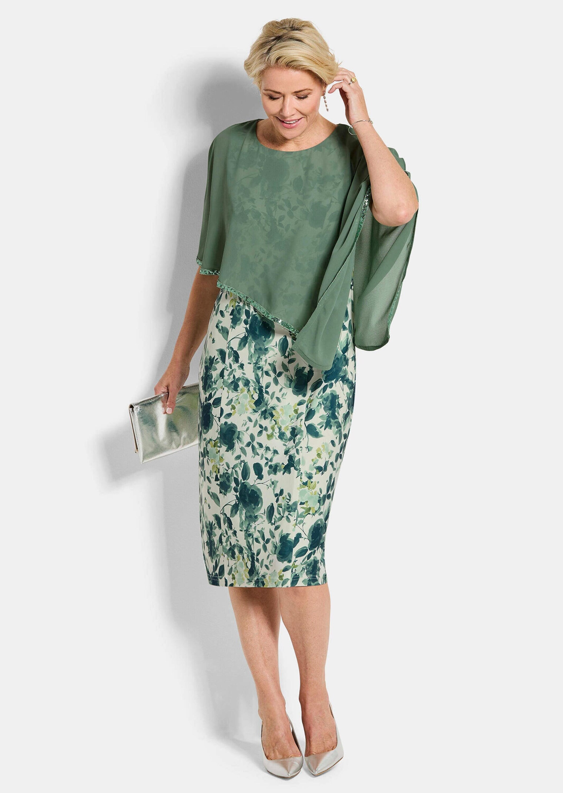 GOLDNER Abendkleid »Kurzgröße Cocktailkleid mit Chiffonüberwurf« Ohne Taschen Paillettenzierband am Armabschluss