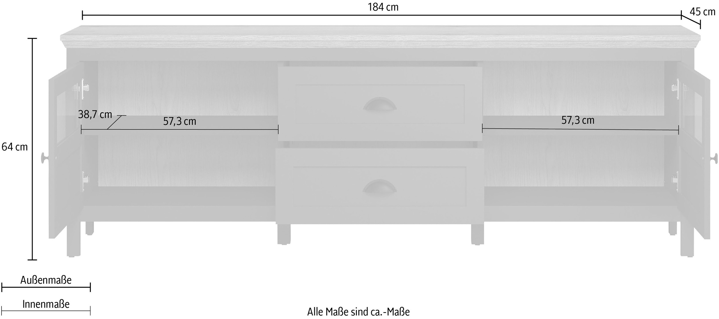 Home affaire TV-Board »Vienna«, (1 St.), Lowboard mit Beleuchtung und Vollauszug-Schublade - B/T/H 184/45/64 cm