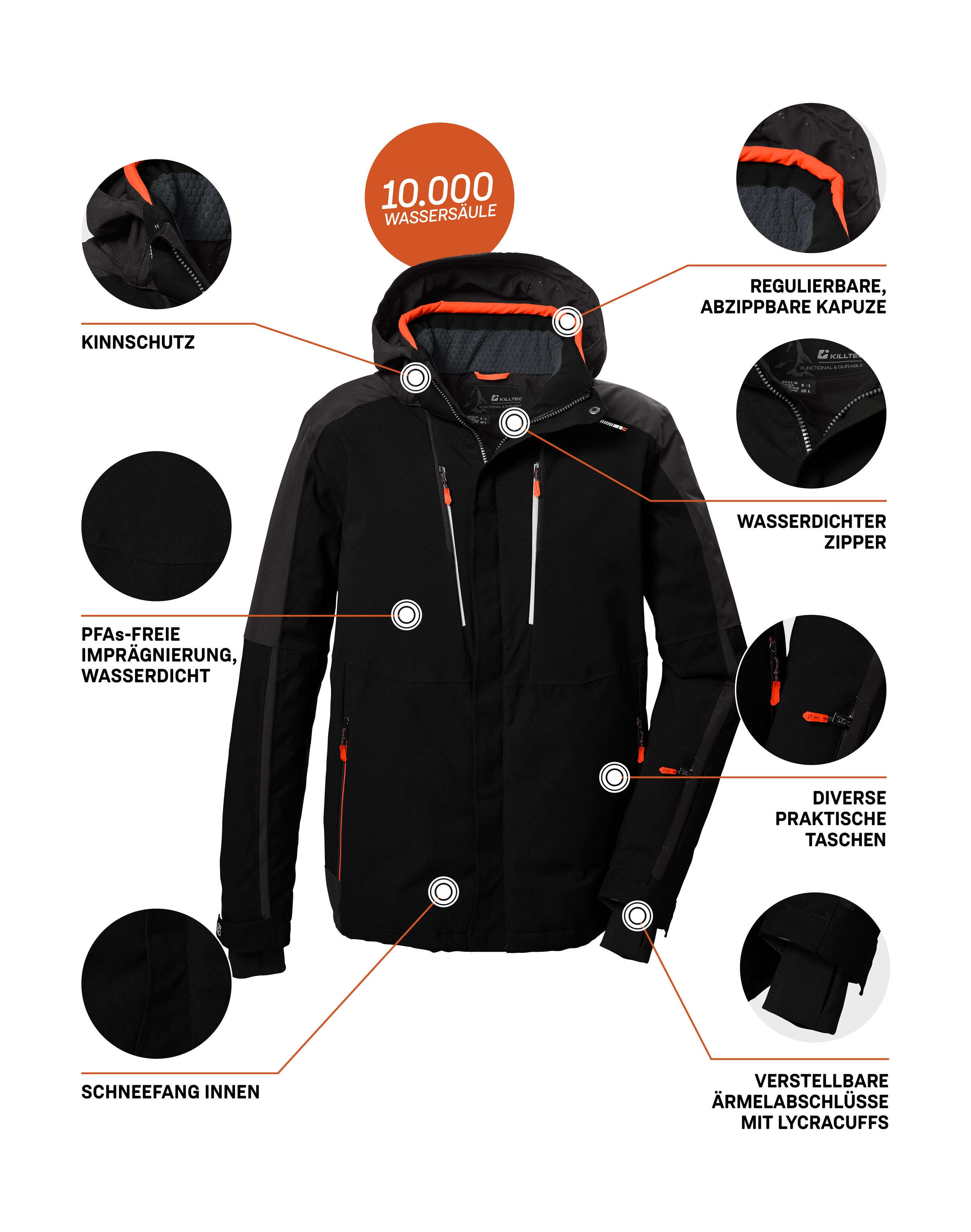 Killtec Skijacke »KSW 69 MN SKI JCKT«, Atmungsaktive, wasserdichte Skijacke mit abnehmbarer Kapuze