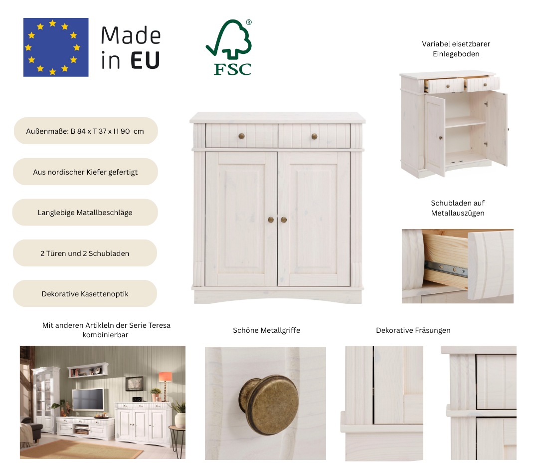 OTTO home Kommode »Teresa Sideboard nur 2 Schubkästen« aus massiver Kiefer Breite 84 cm, FSC®
