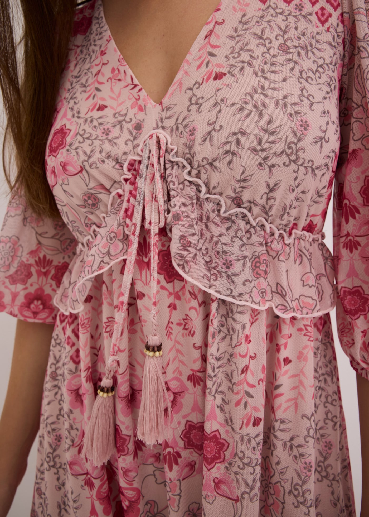 bonprix Tunikakleid lockerer Schnitt, mit Bindeband in der Taille, 3/4-Ärmel, Mesh