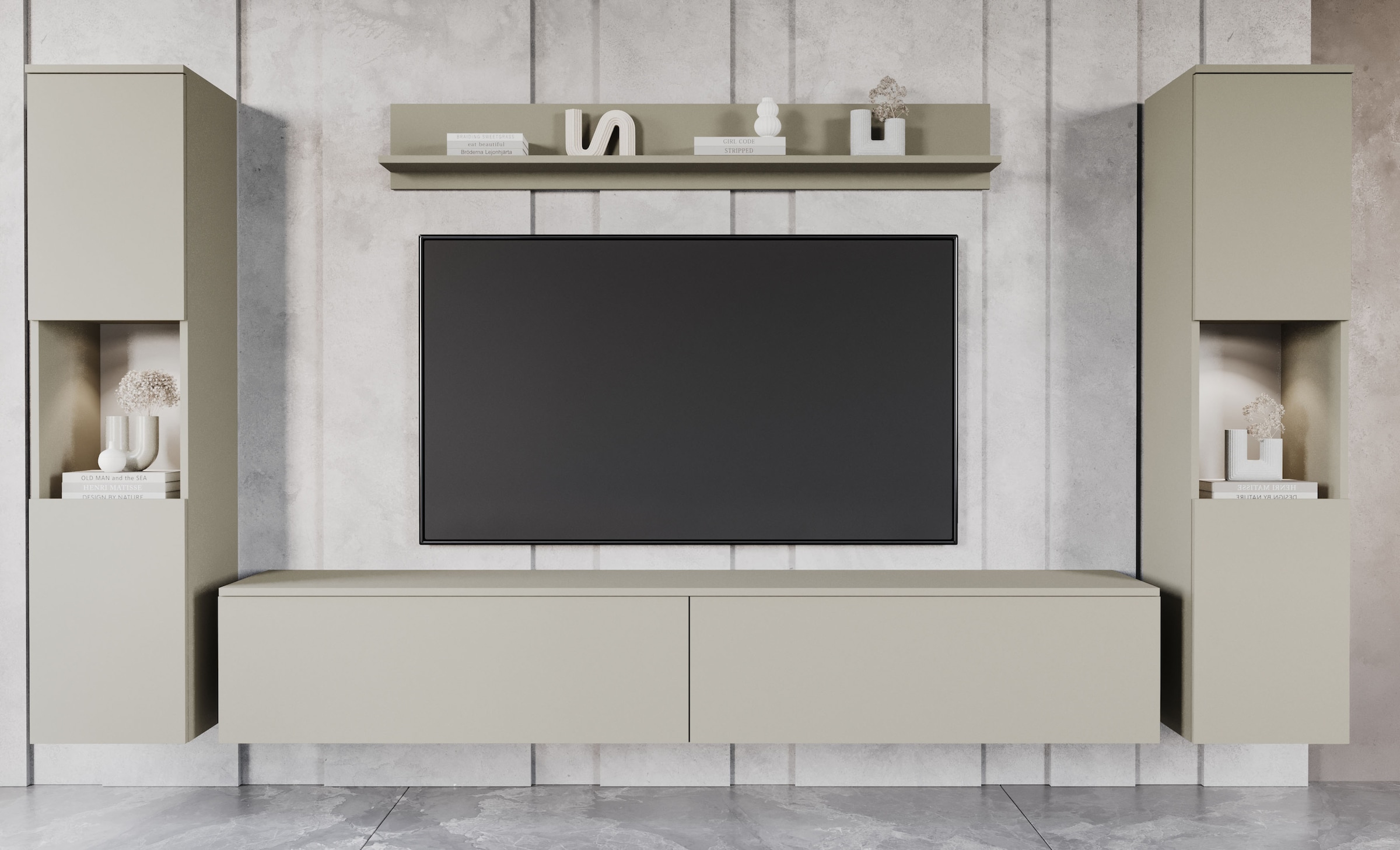 INOSIGN Wohnwand »PARIS, Vitrine Türanschlag links/rechts wechselbar«, (Komplett-Set, 4 St.), grifflose Design, stehend und hängend montierbar
