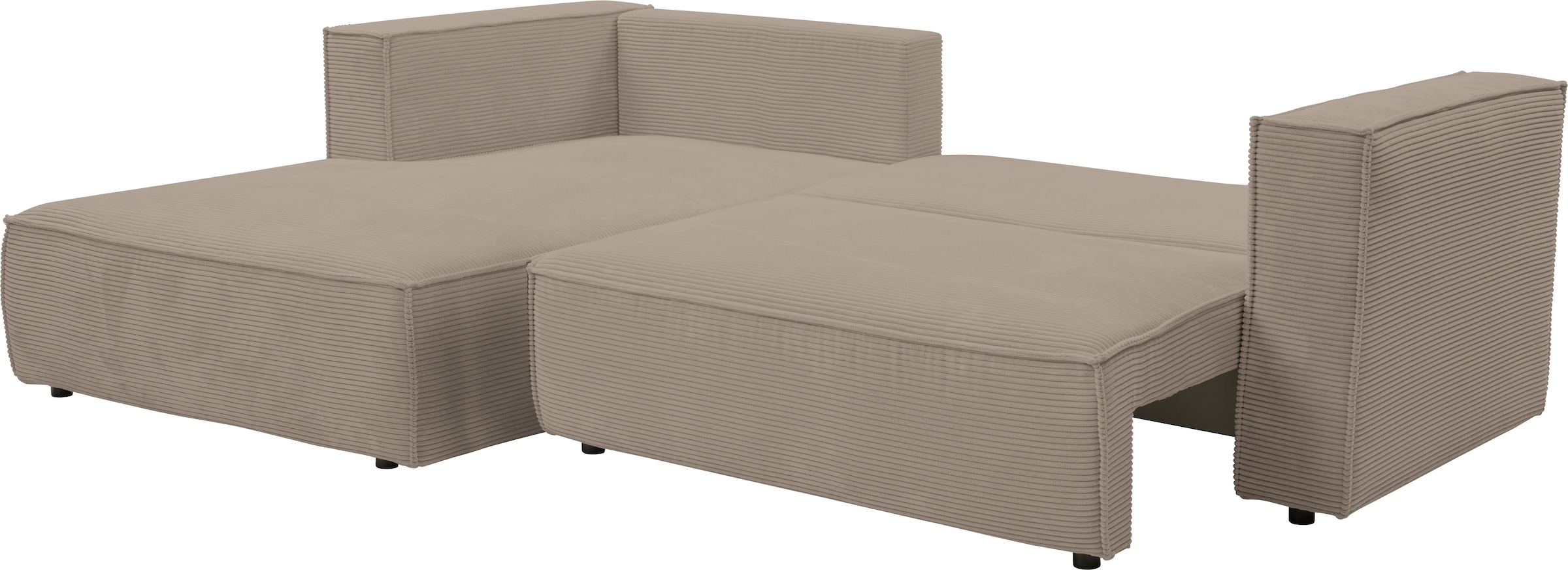 WERK2 Ecksofa »Atlanta-New, modernes Design, Stellmaße 295x182 cm, L-Form, Kedernaht« hoher Komfort, Schlaffunktion & Bettkasten, Cord, Greige