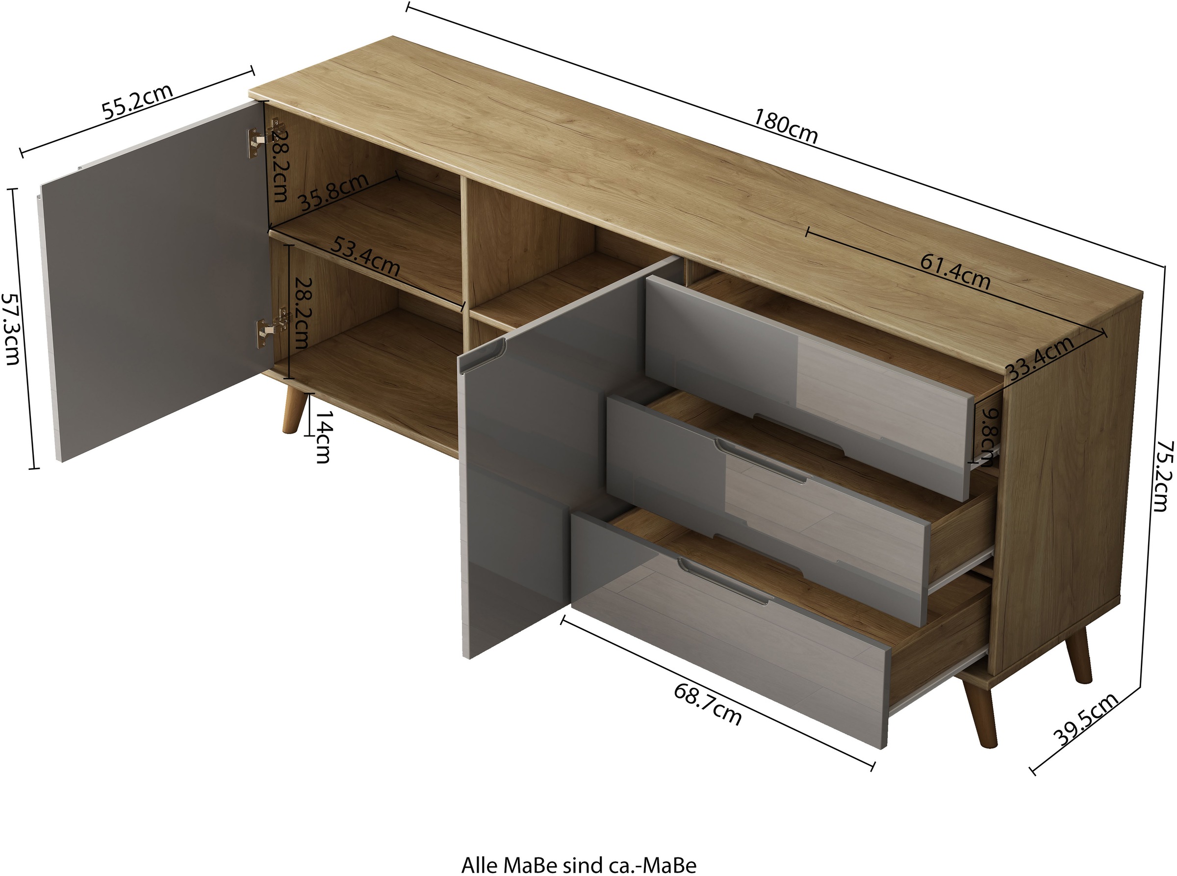 OTTO home Sideboard »Lund« mit glänzenden Fronten, Griffmulden, helles Holzdekor, Breite 180 cm