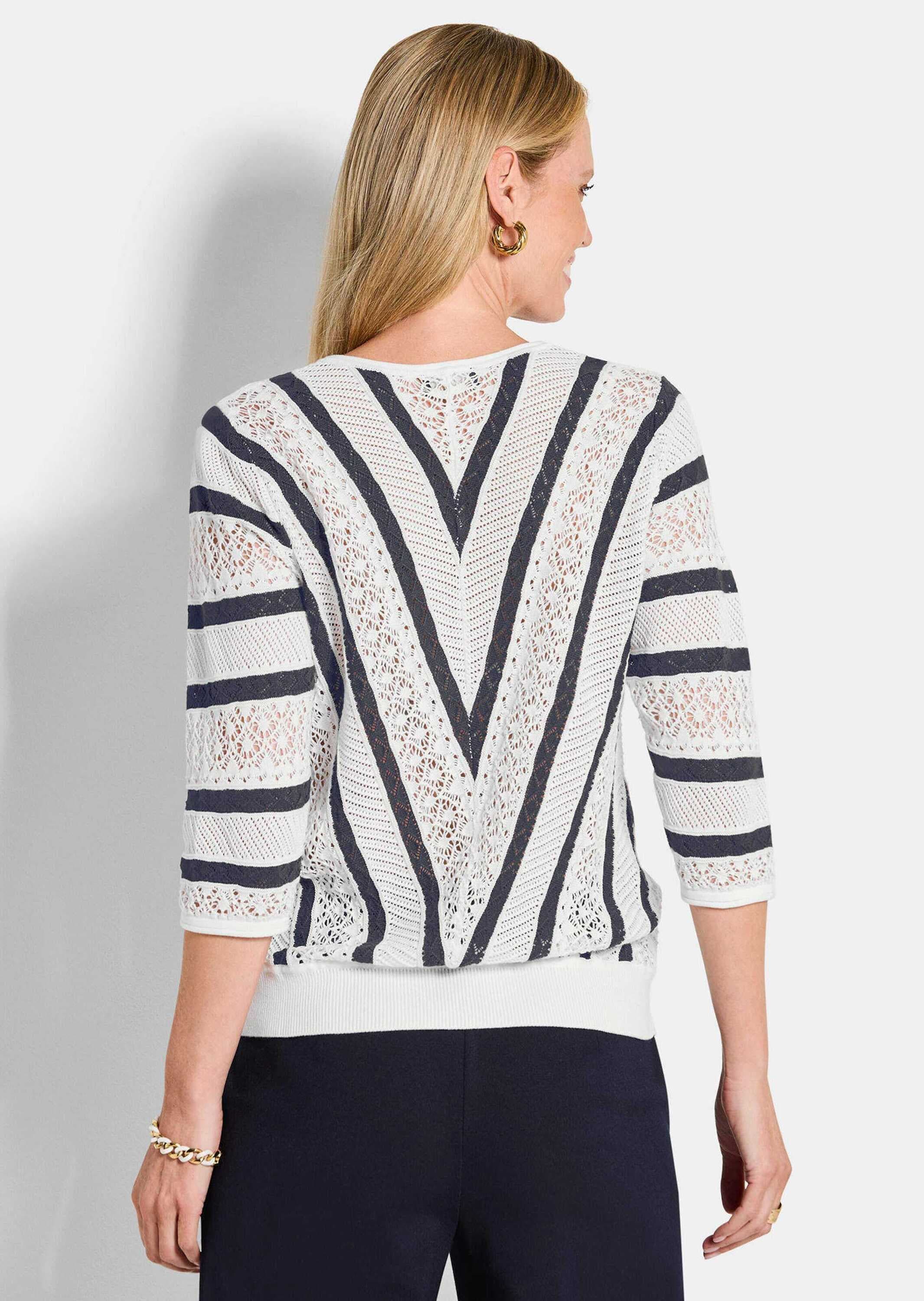 GOLDNER Rundhalspullover »Kurzgröße Ajourpullover mit Streifenmuster« modischer Ajourstrick mit Sperrstreifen