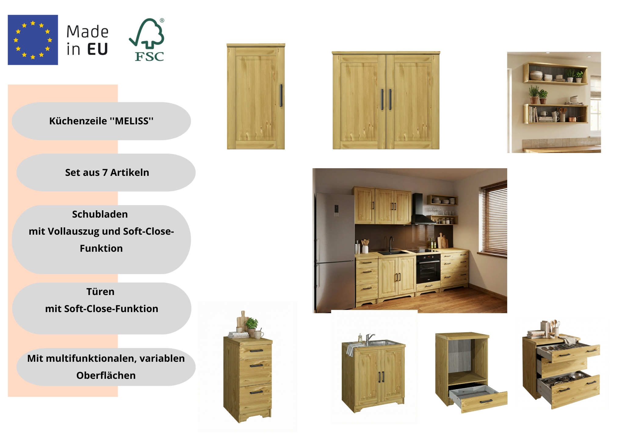 Home affaire Küchenzeile »Meliss« aus massiver Kiefer, mit Soft-Close-Funktion, 8-teiliges Set