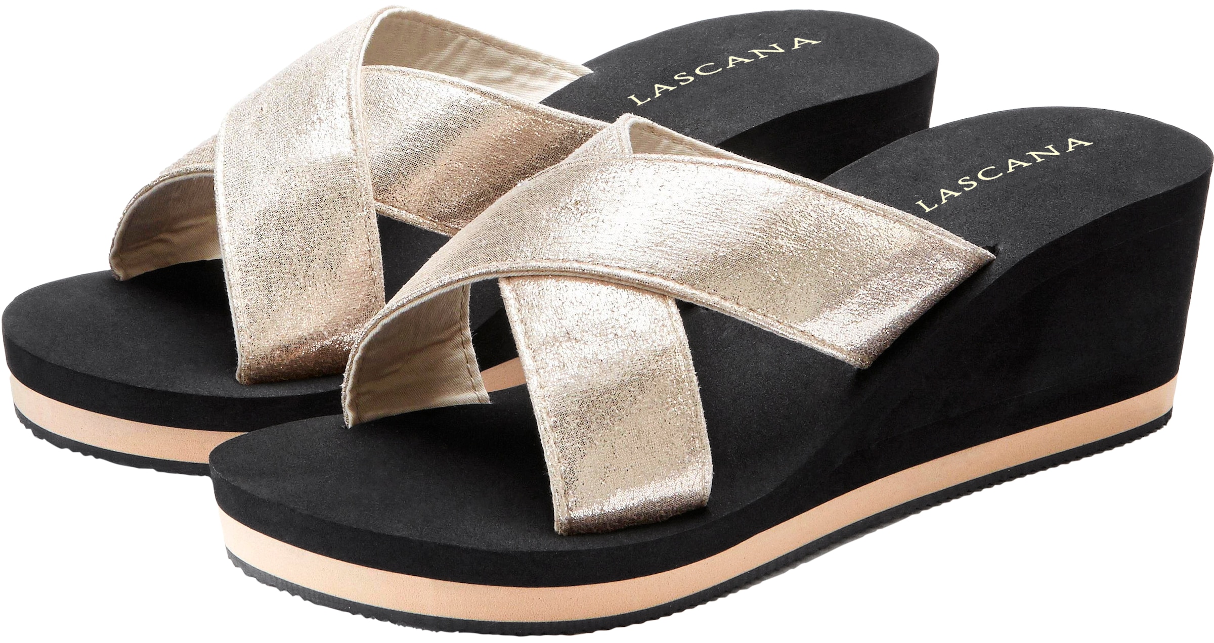 LASCANA Badepantolette »Badeschuhe, Flip Flop, Badelatsche, Sandale«  Pantolette mit Keilabsatz und Metallic-Optik VEGAN