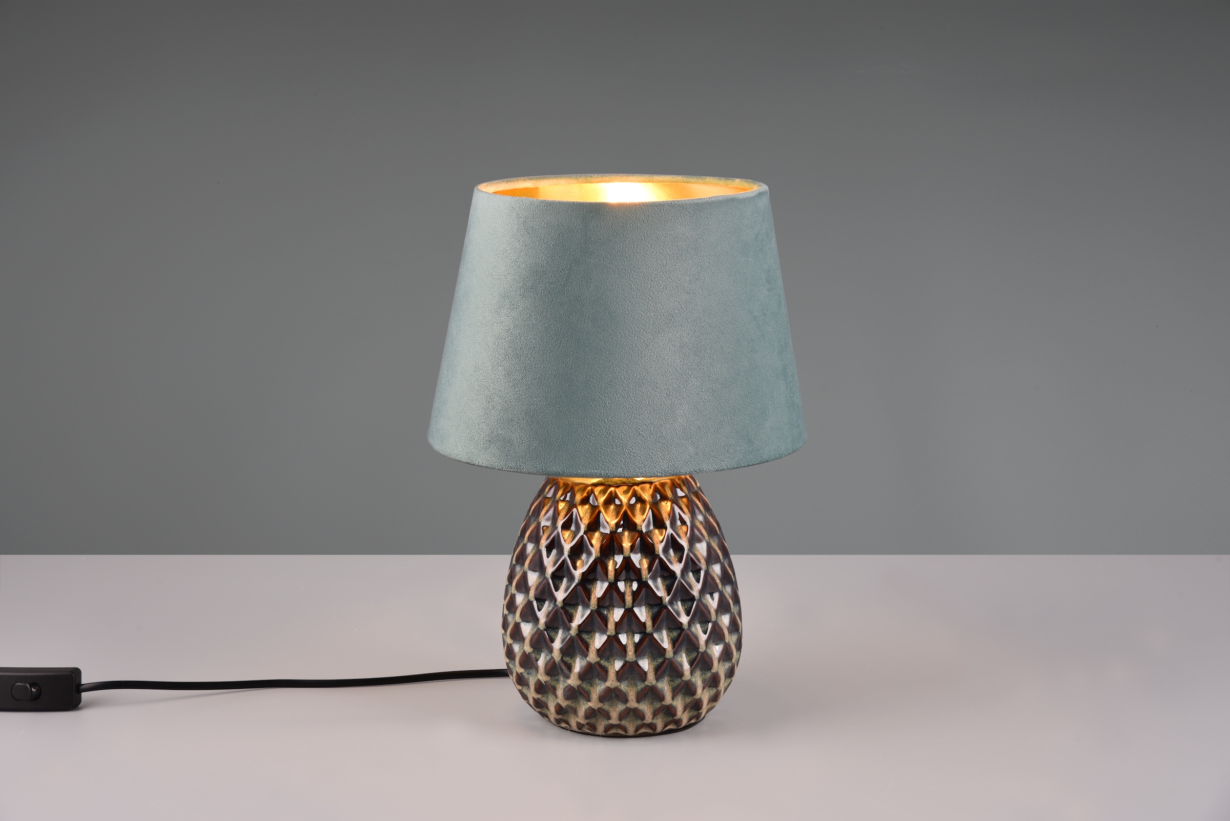 REALITY Leuchten Schreibtischlampe »ARIANA Tischleuchte exkl 1xE27 max60W Höhe 35cm Ø 24cm Nachttischlampe«, 1 flammig, Leuchtmittel E27 | Leuchtmittel wechselbar, Struktur Keramik Samt Schirm innen gold,Tischlampe mit Schnurschalter