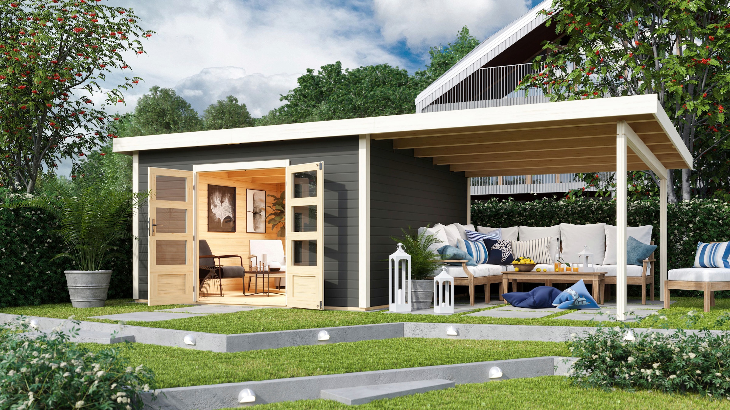 Karibu Gartenhaus »Perlsee 5« mit Anbaudach