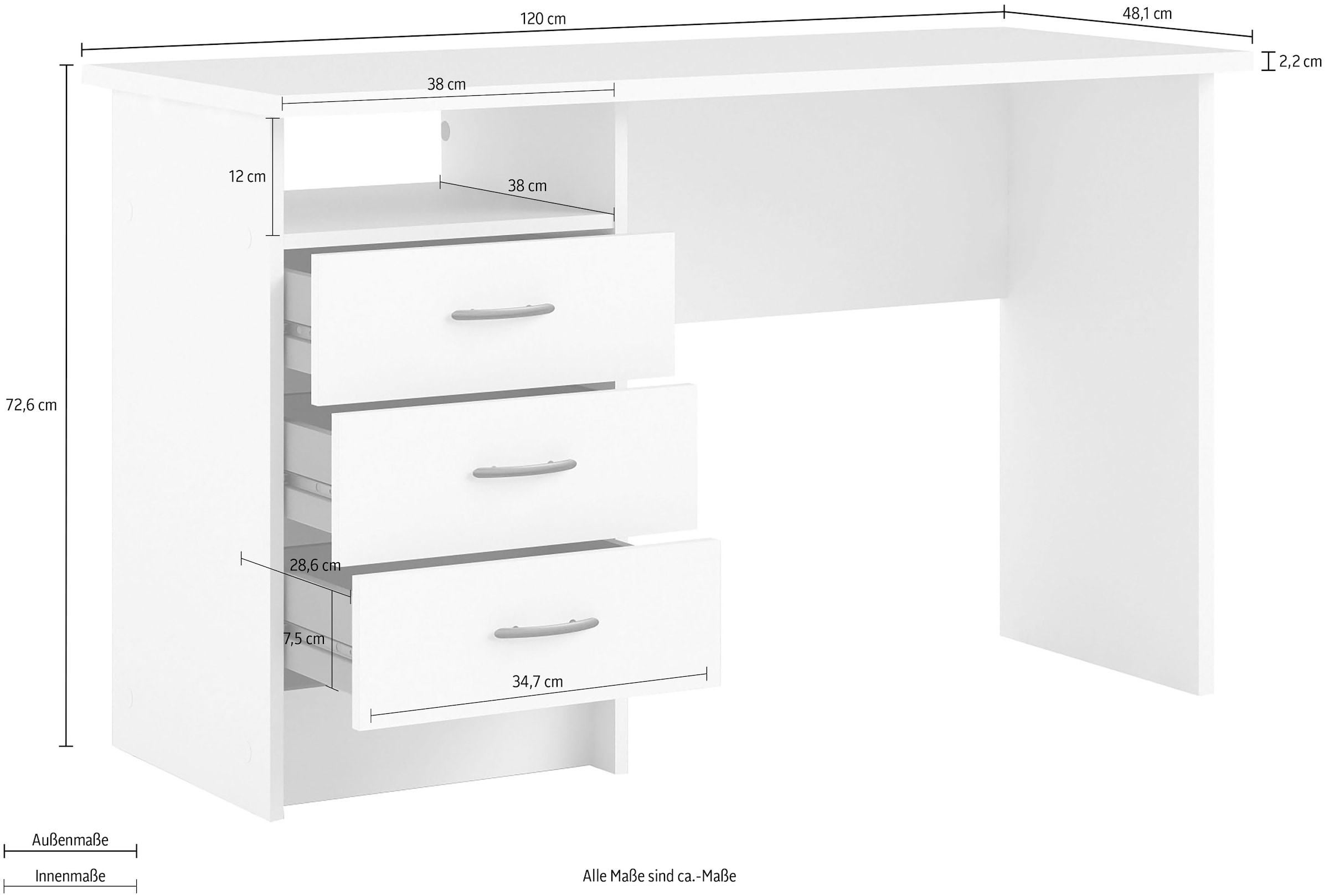 INOSIGN Schreibtisch »Function Plus, Arbeitstisch, Bürotisch«, Computertisch mit 3 Schubladen, Breite 120 cm, Tiefe 48 cm