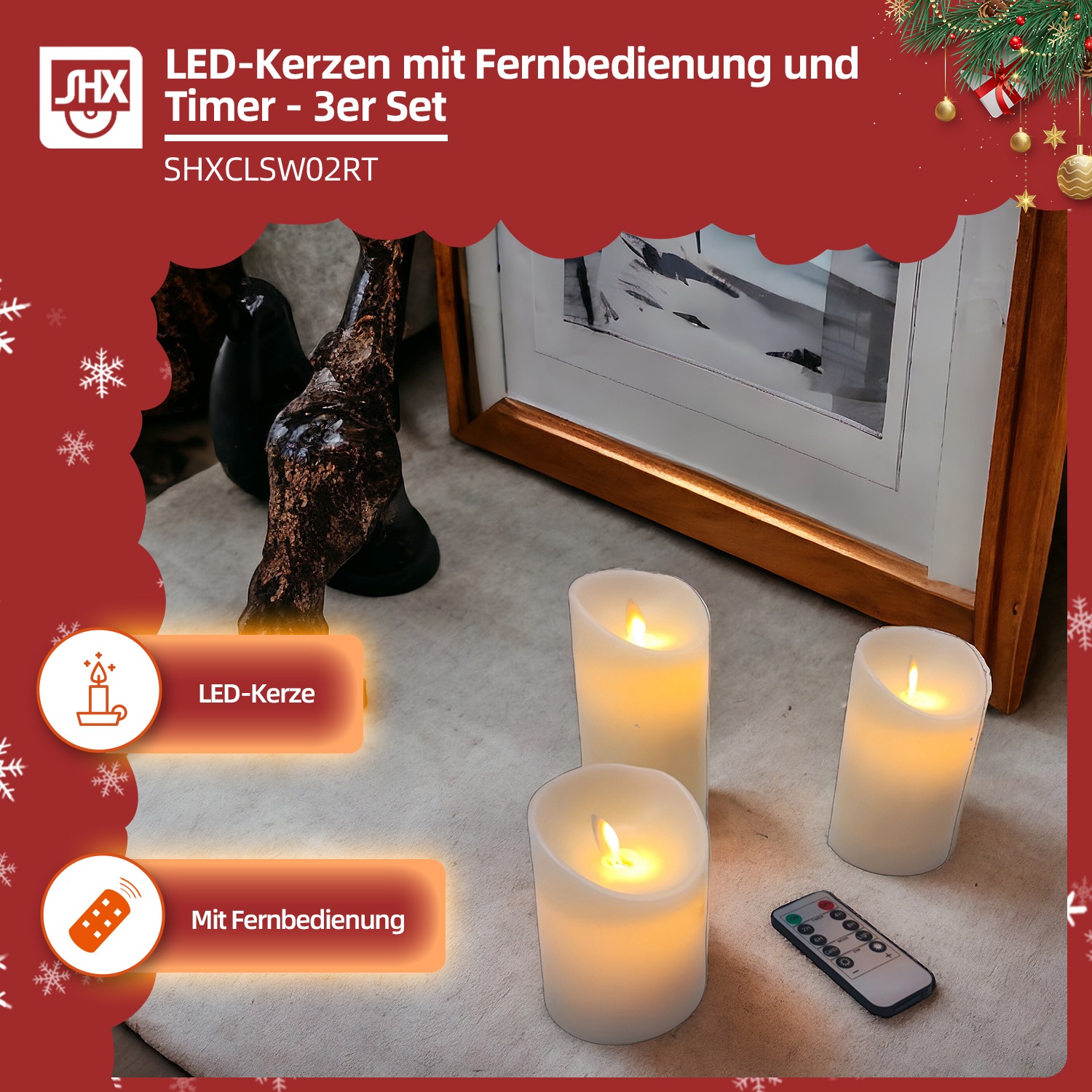 SHX LED-Kerze »LED-Kerzen mit Fernbedienung/Timer 3er Set«