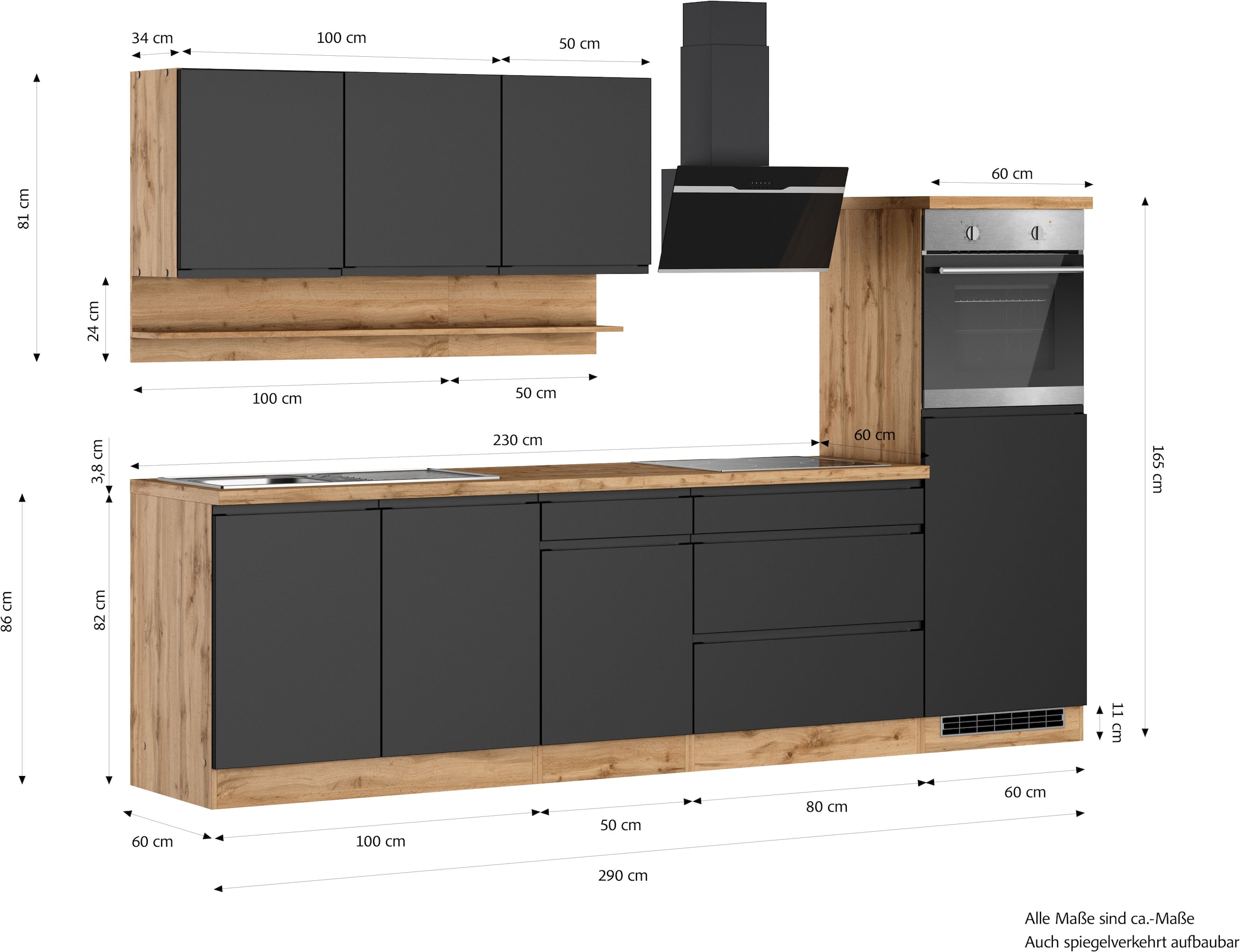 KOCHSTATION Küchenzeile »KS-Virginia,neu in verbesserter Ausführung« Arbeitsplatte 38 mm stark, Stauraum, Softclose,  Breite 290, Soft-Close-Funktion, ohne E-Geräte