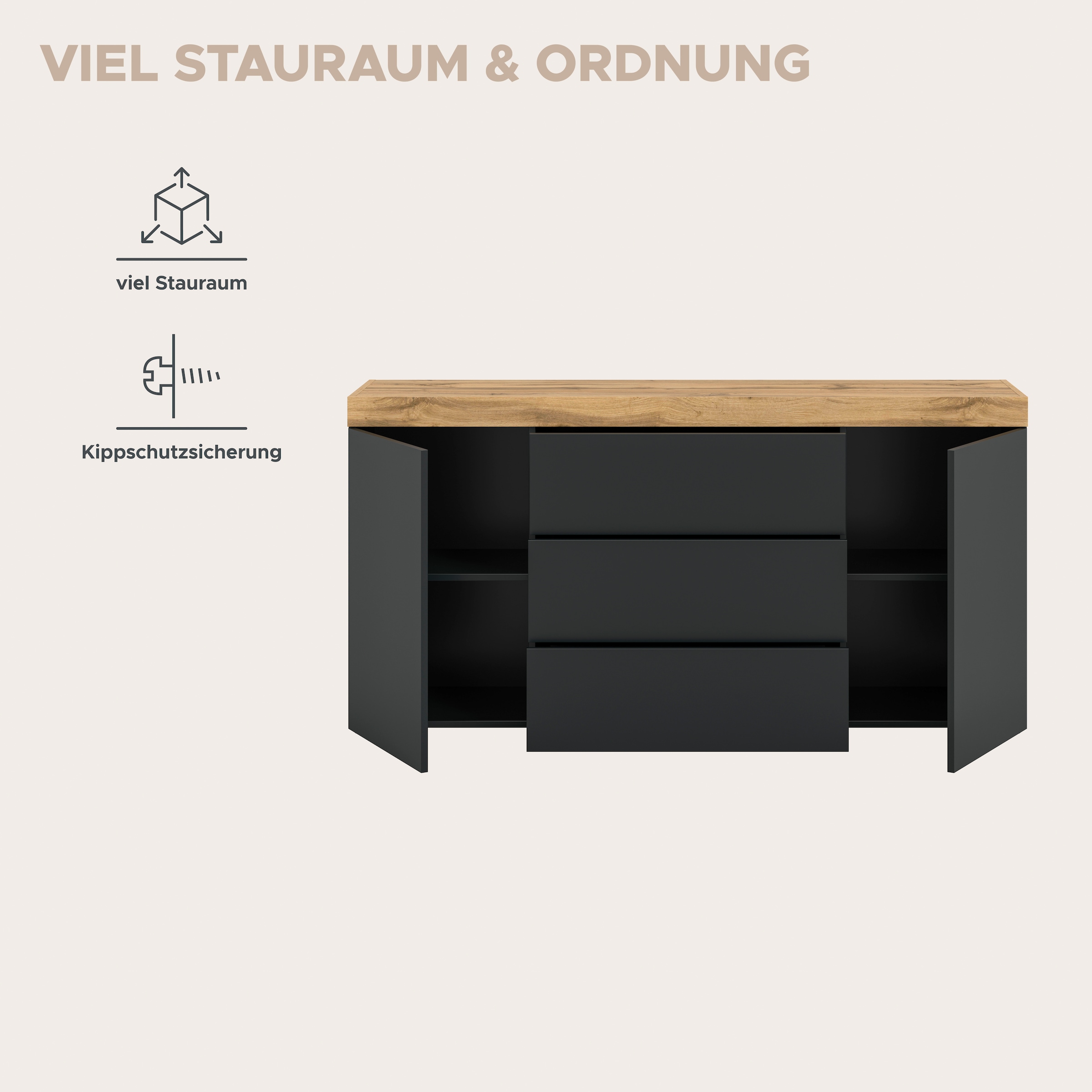 OTTO home Sideboard »MAMBO, Breite 160cm, 2 Türen, 3 Schubkästen, push-2-open« 2 farbige Ausführung, in verschiedenen Farben erhältlich, 1 Stk. tlg. Kommode, Anrichte, Wohnzimmer, Schlafzimmer