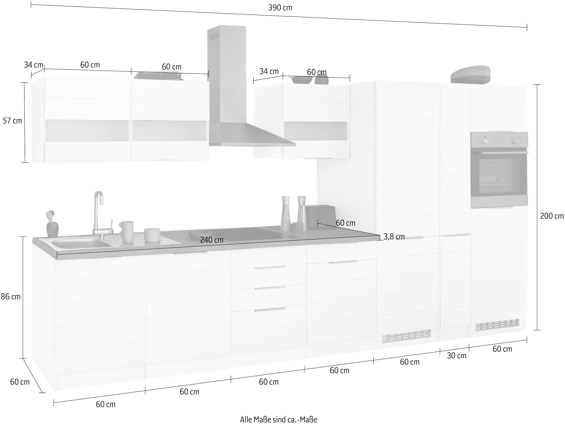 KOCHSTATION Küchenzeile »KS-Luhe« 390 cm breit, wahlweise mit oder ohne E-Geräten, gefräste MDF-Fronten