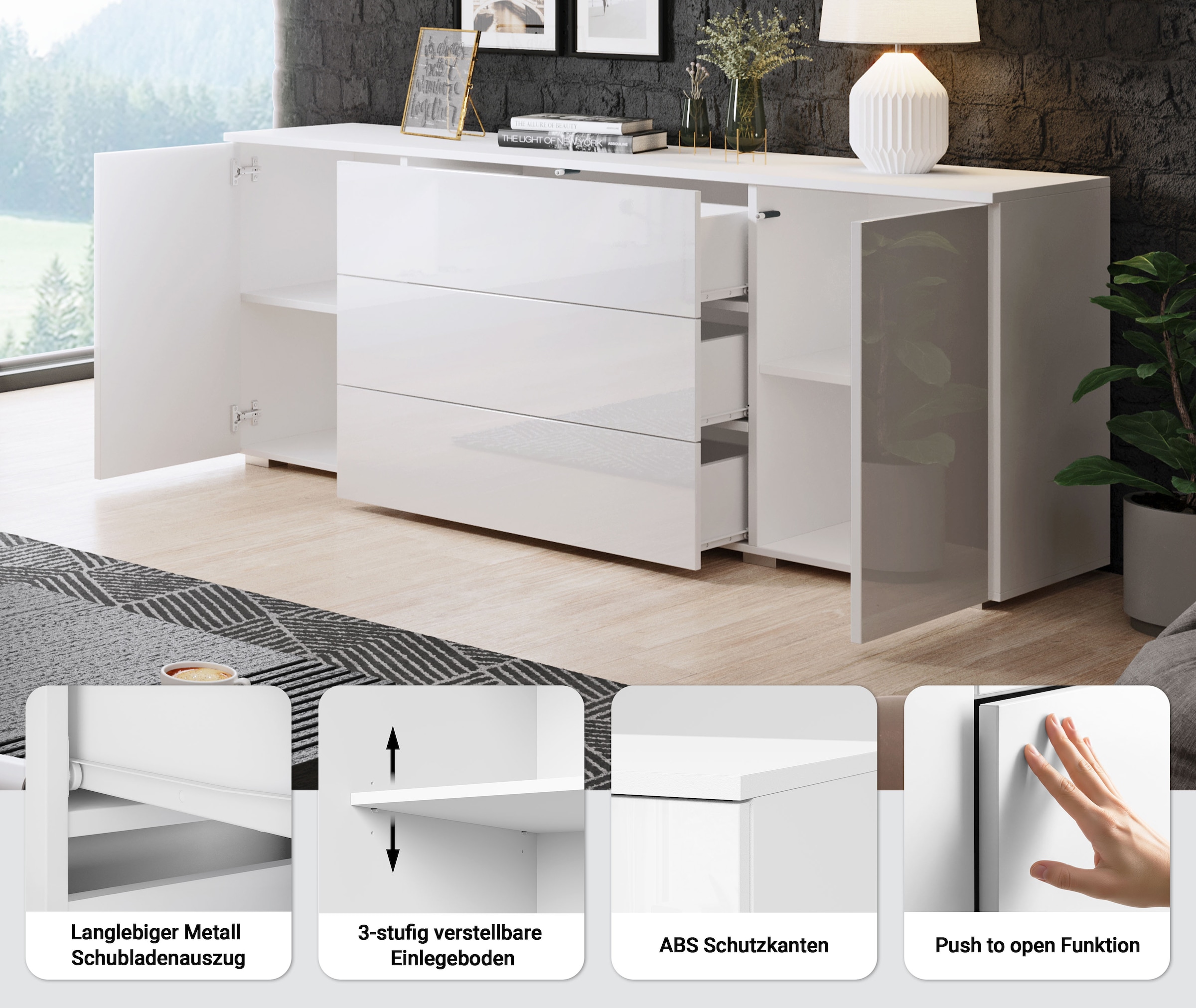 OTTO home Sideboard »PARIS« 1 Stk. tlg. Moderne 150cm breite grifflose Kommode, vielseitig einsetzbar