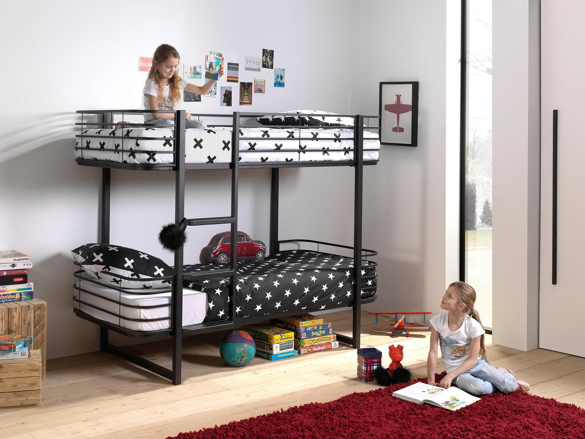 Vipack Etagenbett »Oscar, Metallbett mit 2 Liegeflächen 90/200, stabil und standfest«, (B/H/T ca. 205x166x99cm, pulverbeschichtet wahlweise in 2 Farben), mit Metallrost, Absturzschutz, Leiter, gerundete Kopf- und Fußteile