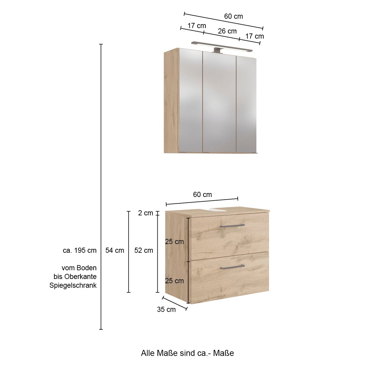 welltime Badmöbel-Set »Chicago«, (3 St., Spiegelschrank, Unterbeckenschrank, Seitenschrank)