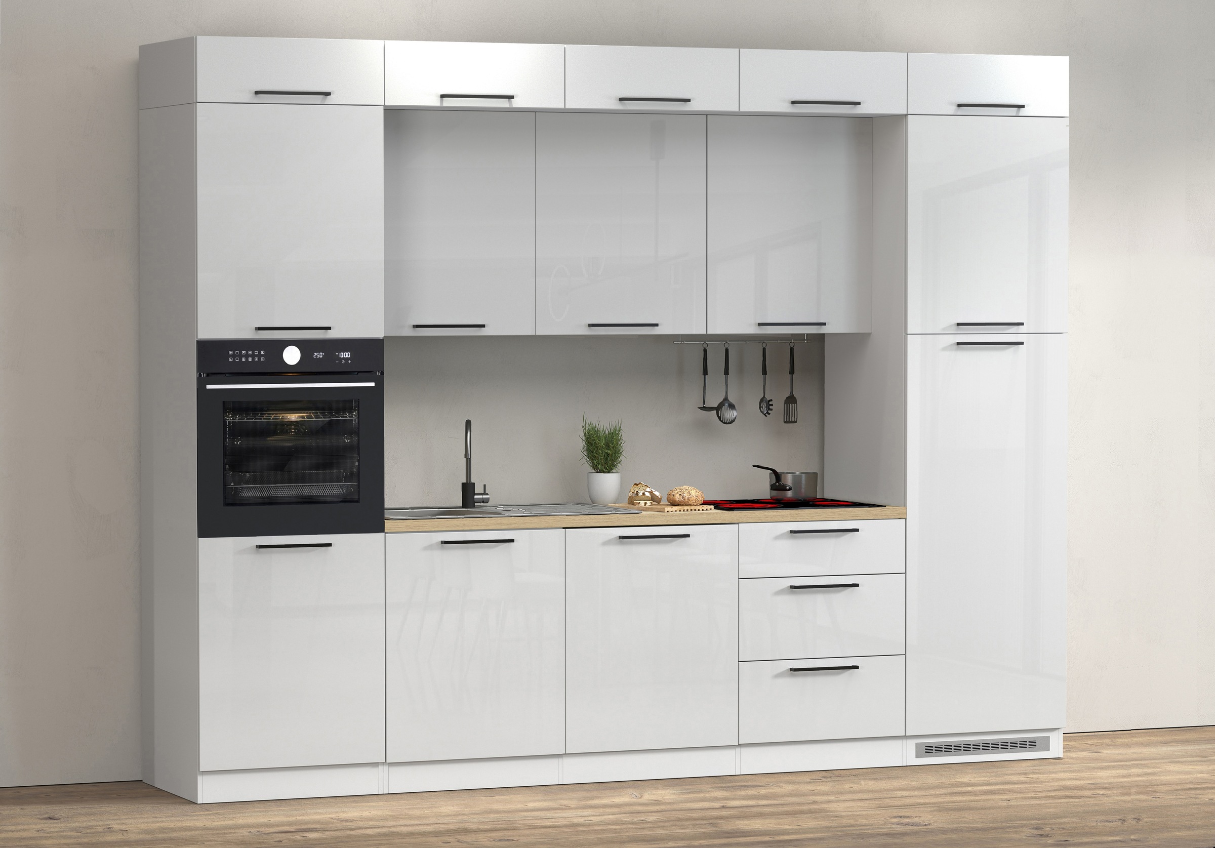KOCHSTATION Küchenzeile »Luna, Einbauküche, Zeilenküche, mit Soft-Close Funktion, Made in Italy« Breite 300 cm ohne E-Geräte, mit Spüle+Siphon und Aufsatz