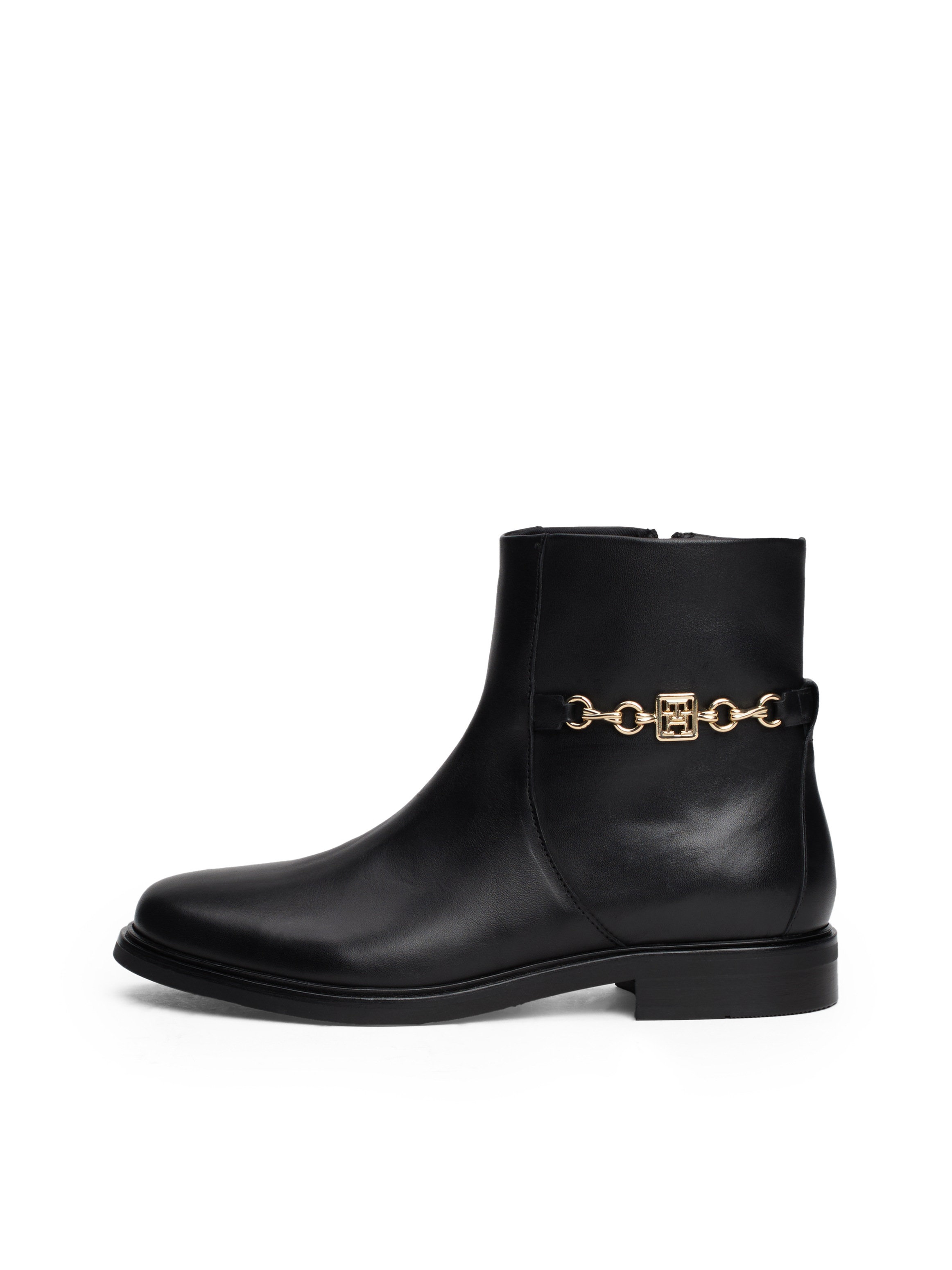 Tommy Hilfiger Stiefelette »TH CHAIN LEATHER LOW BOOTIE«, Blockabsatz, Businesschuh, Ankleboots mit goldfarbener Zierkette
