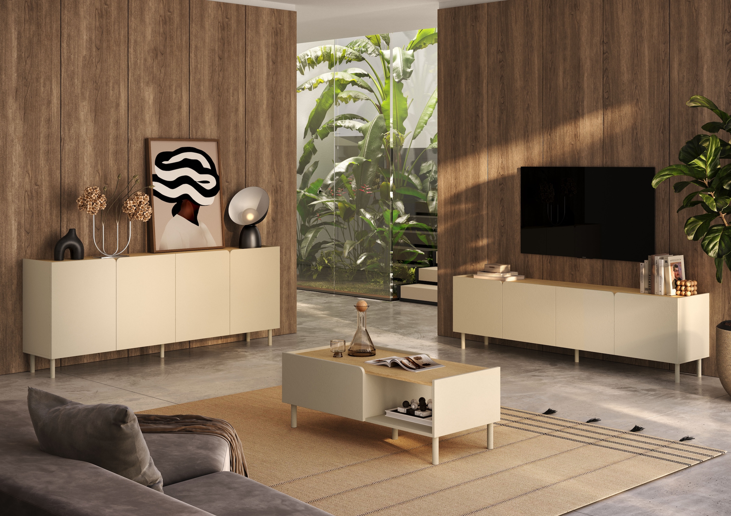 OTTO home Lowboard »Dobbiaco, 202 cm breit, 4 Türen, Mediaboard, TV-Schrank« Innenliegendes Top, gerade Metallfüße, Tür mit Rundung