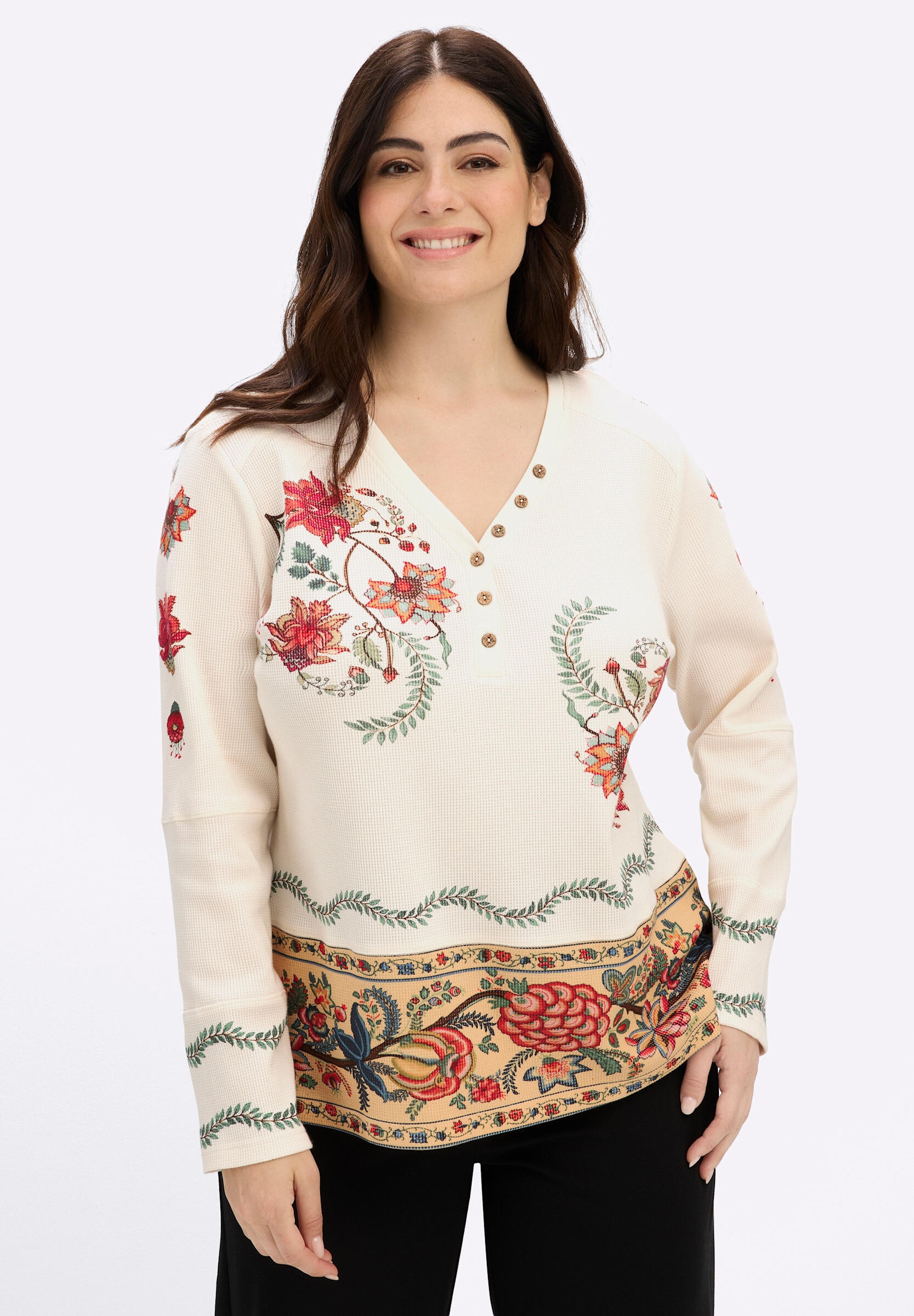 sheego by Joe Browns T-Shirt »Langarm-Shirt Langarmshirt mit Blumendruck und Holzknöpfen«