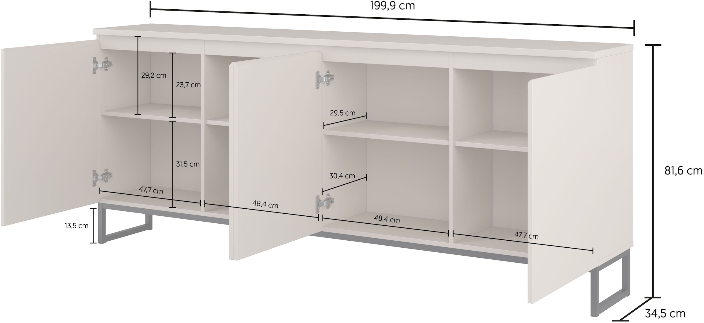OTTO home Sideboard »Modo II, Breite 200 cm, moderne grifflose Kommode 4Türen« Anrichte mit viel Stauraum, Einlegeböden verstellbar, Metallkufen