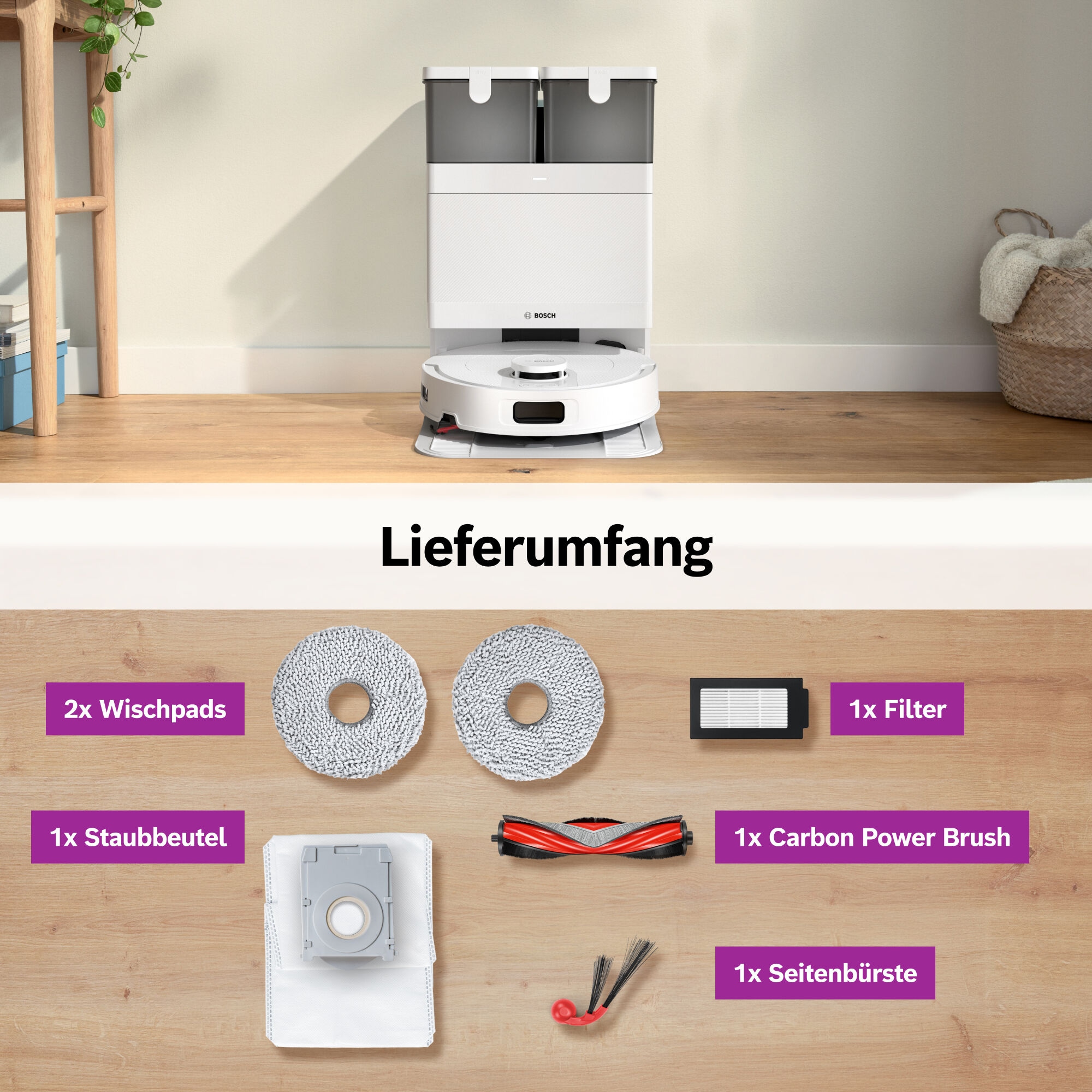 BOSCH 1100000002199 »mit Wischfunktion Spotless 2 BCR2S1B/BCR2S1W, 25.000 Pa Saugkraft« Selbstreinigung, Nass-Trocken-Servicestation, rotierende Pads