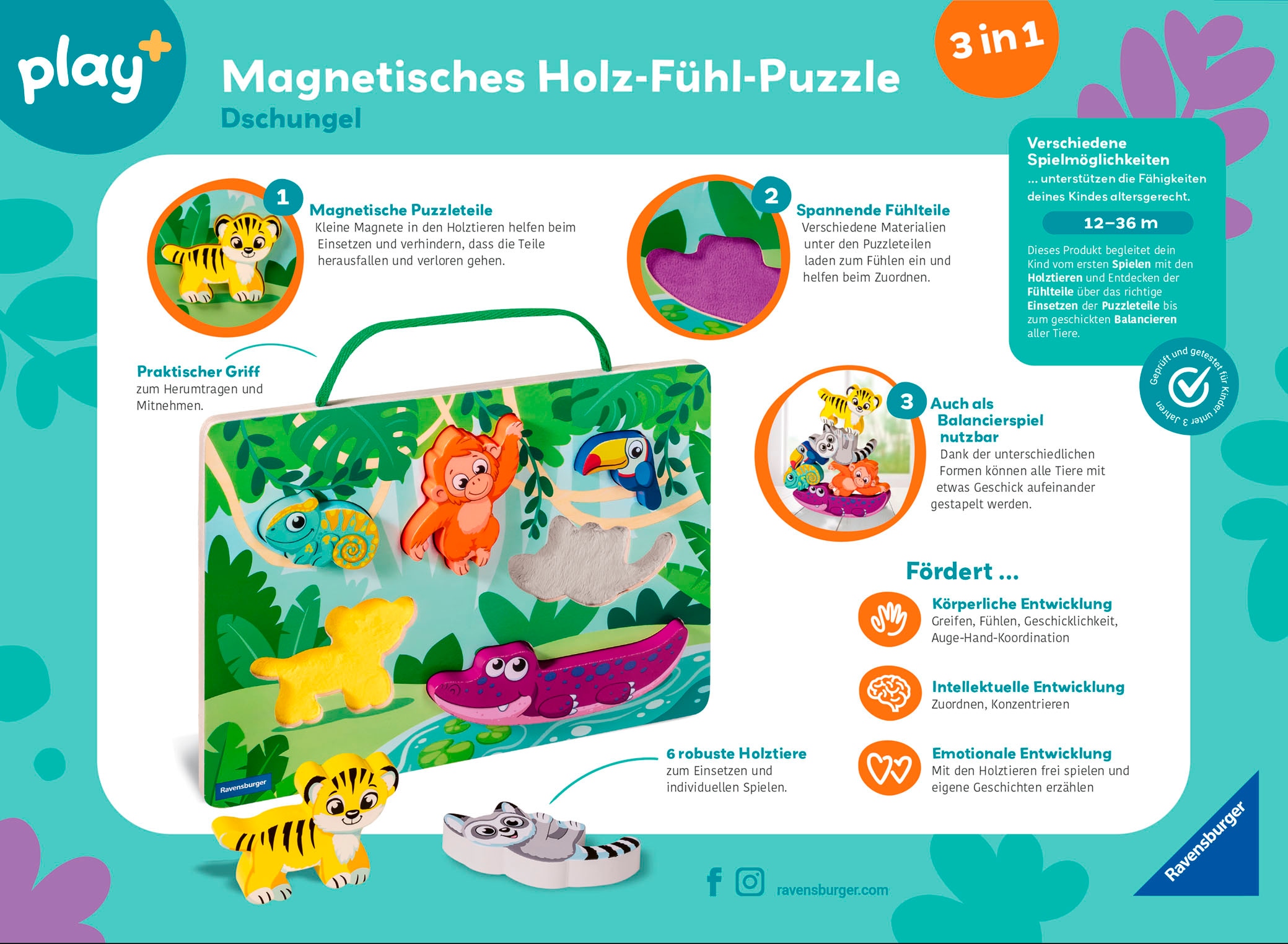 Ravensburger Puzzle »Play+ Magnetisches Holz-Fühl-Puzzle: Dschungel«