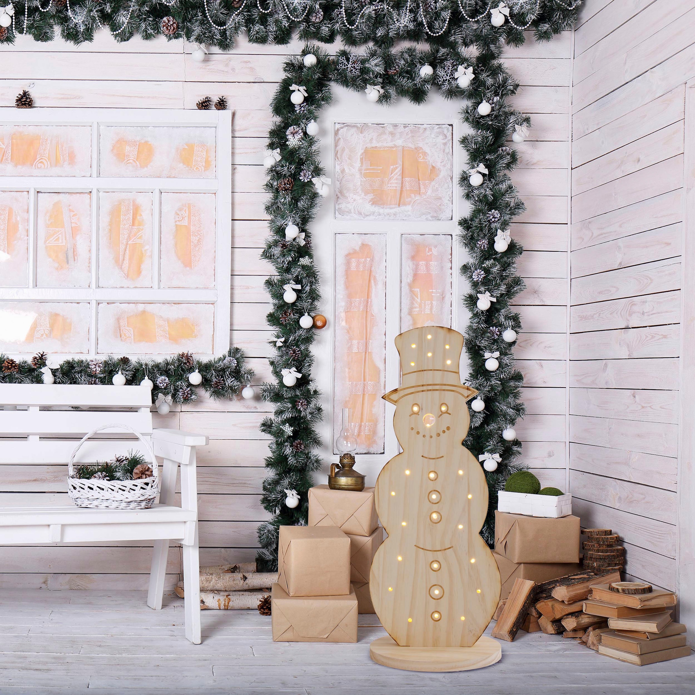 näve LED Dekoobjekt »Snowy, Weihnachtsdeko aus Holz«, Schneemann aus Holz, Höhe ca. 50 cm, Batteriebetrieb