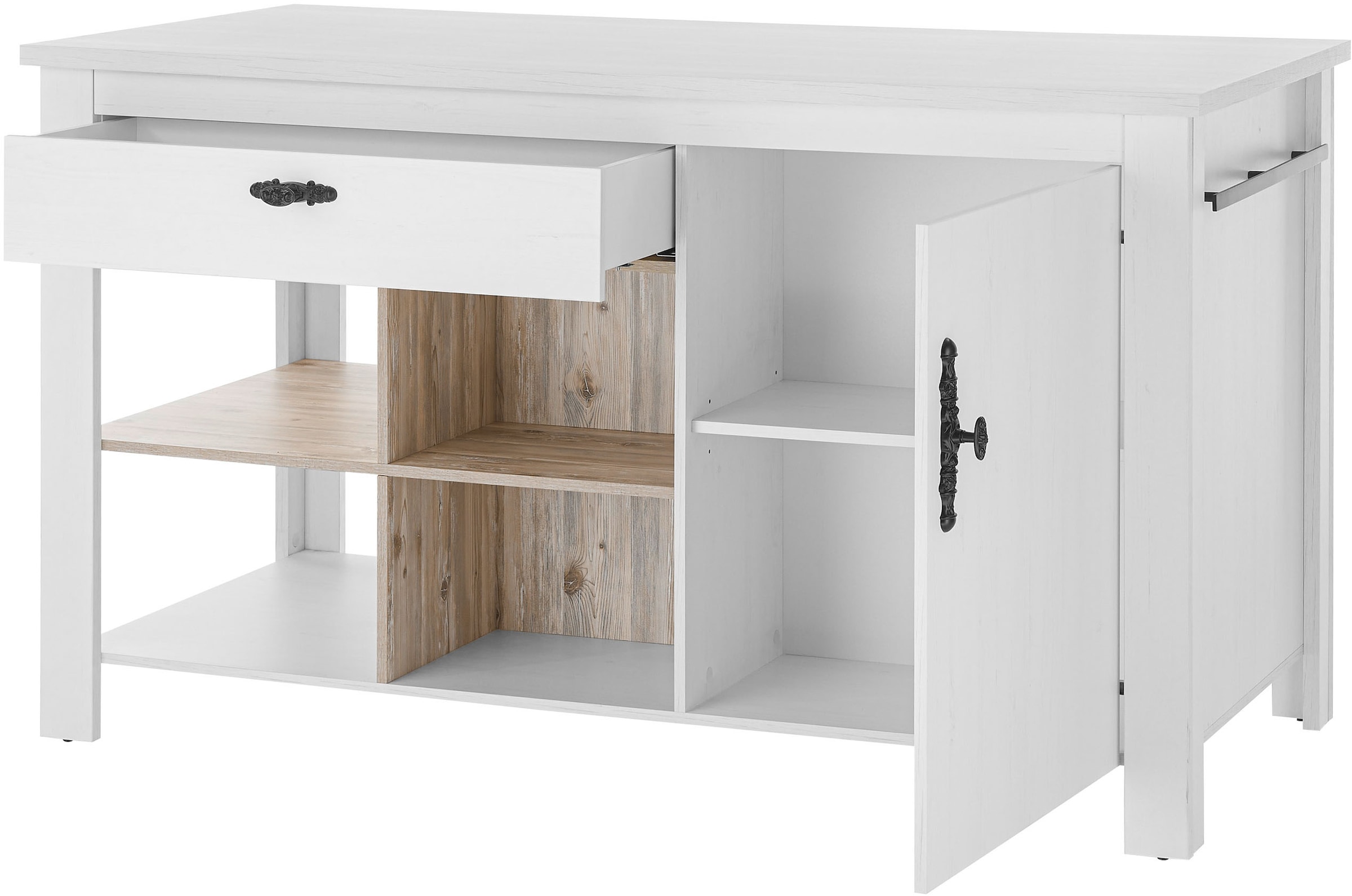 Home affaire Kücheninsel »Florenz, Küchenblock in Pinie Weiß, Kochinsel, Küchenarbeitsblock«, Breite 161 cm, mit verschnörkeltem Metallgriff, Arbeitshöhe 92 cm