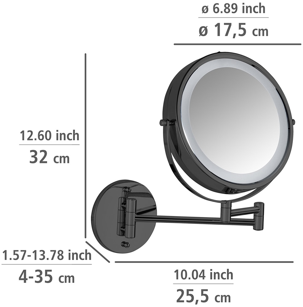 Wenko Power-Loc® LED Wandspiegel Lumi Schwarz mit 5-fach Vergrößerung