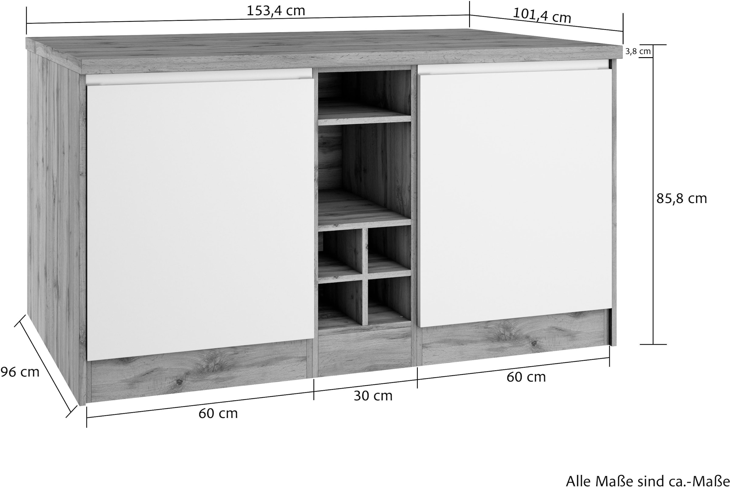 KOCHSTATION Kücheninsel »KS-Bruneck, Breite 153 cm« MDF-Fronten, Arbeitsplatte 38mm stark