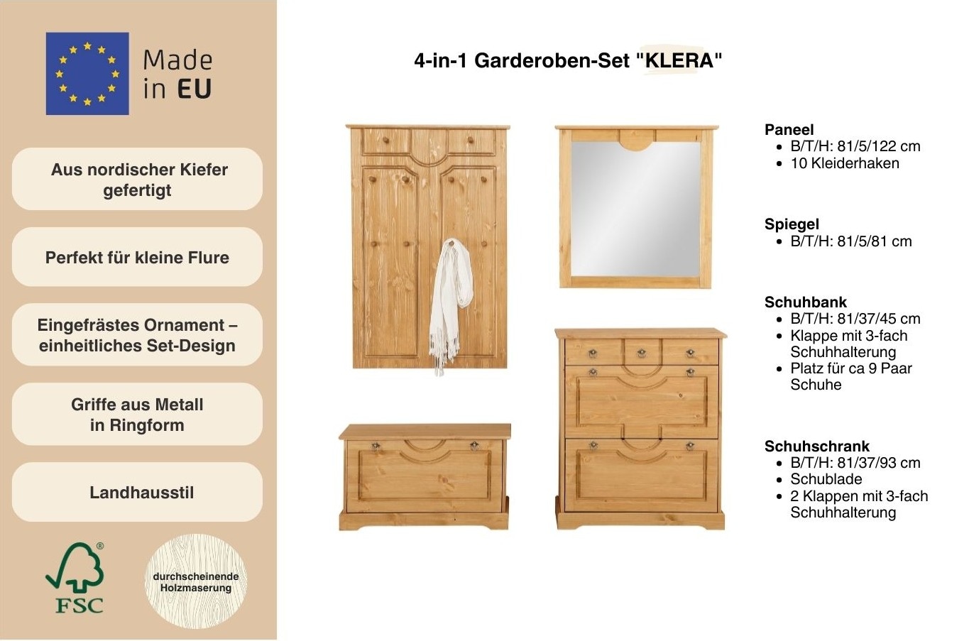 Home affaire Garderoben-Set »Klera« Set, 4 Stk. tlg. 4-teilig, aus massiver Kiefer, FSC®-zertifiziert