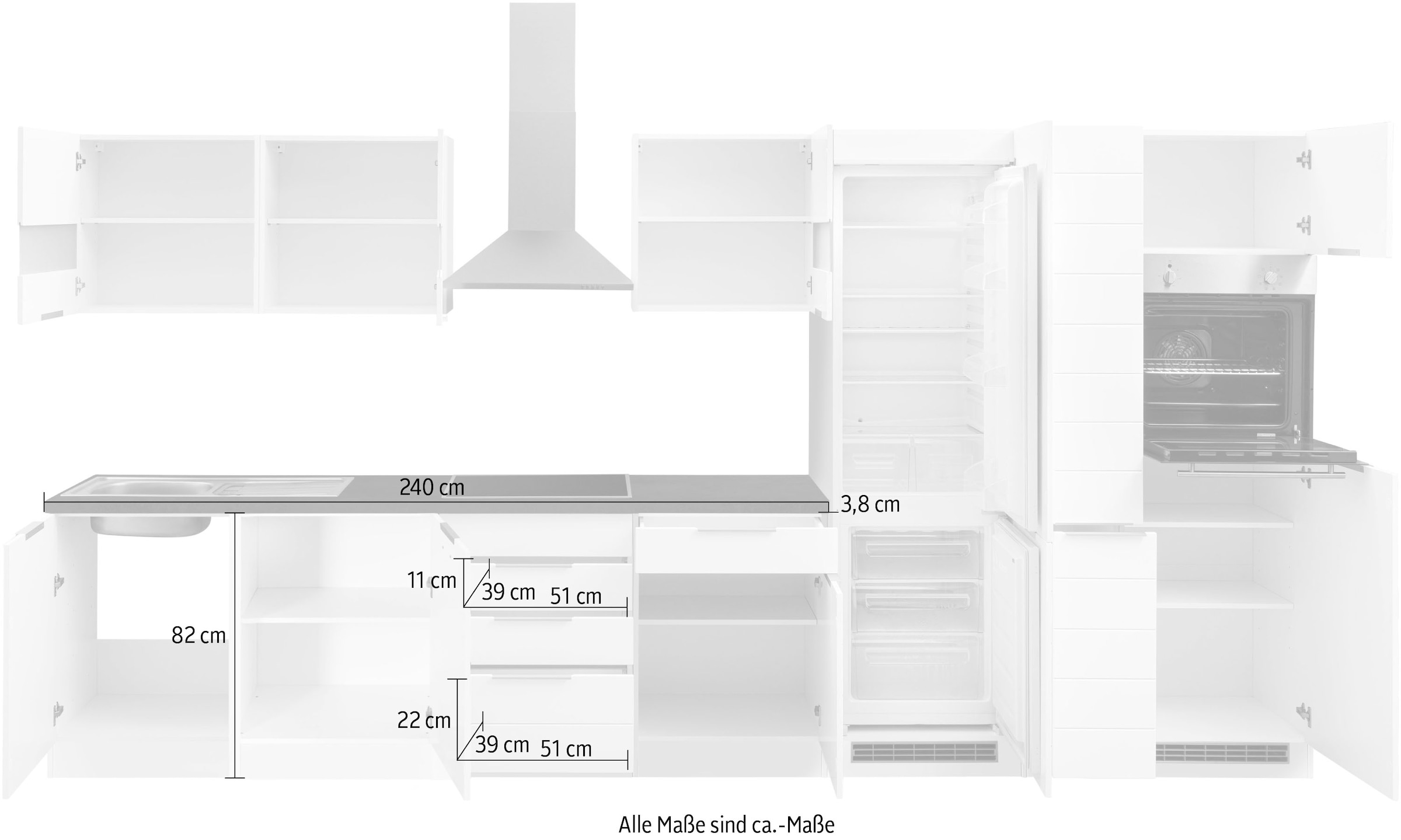 KOCHSTATION Küchenzeile »KS-Luhe« 390 cm breit, wahlweise mit oder ohne E-Geräten, gefräste MDF-Fronten
