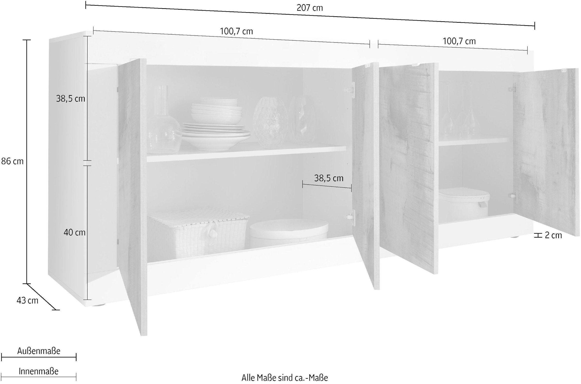 INOSIGN Sideboard »Basic Breite 207 cm, Kommode 4 Türen, Anrichte,« Metallgriff, moderne Rahmenoptik, viel Stauraum, Farbauswahl