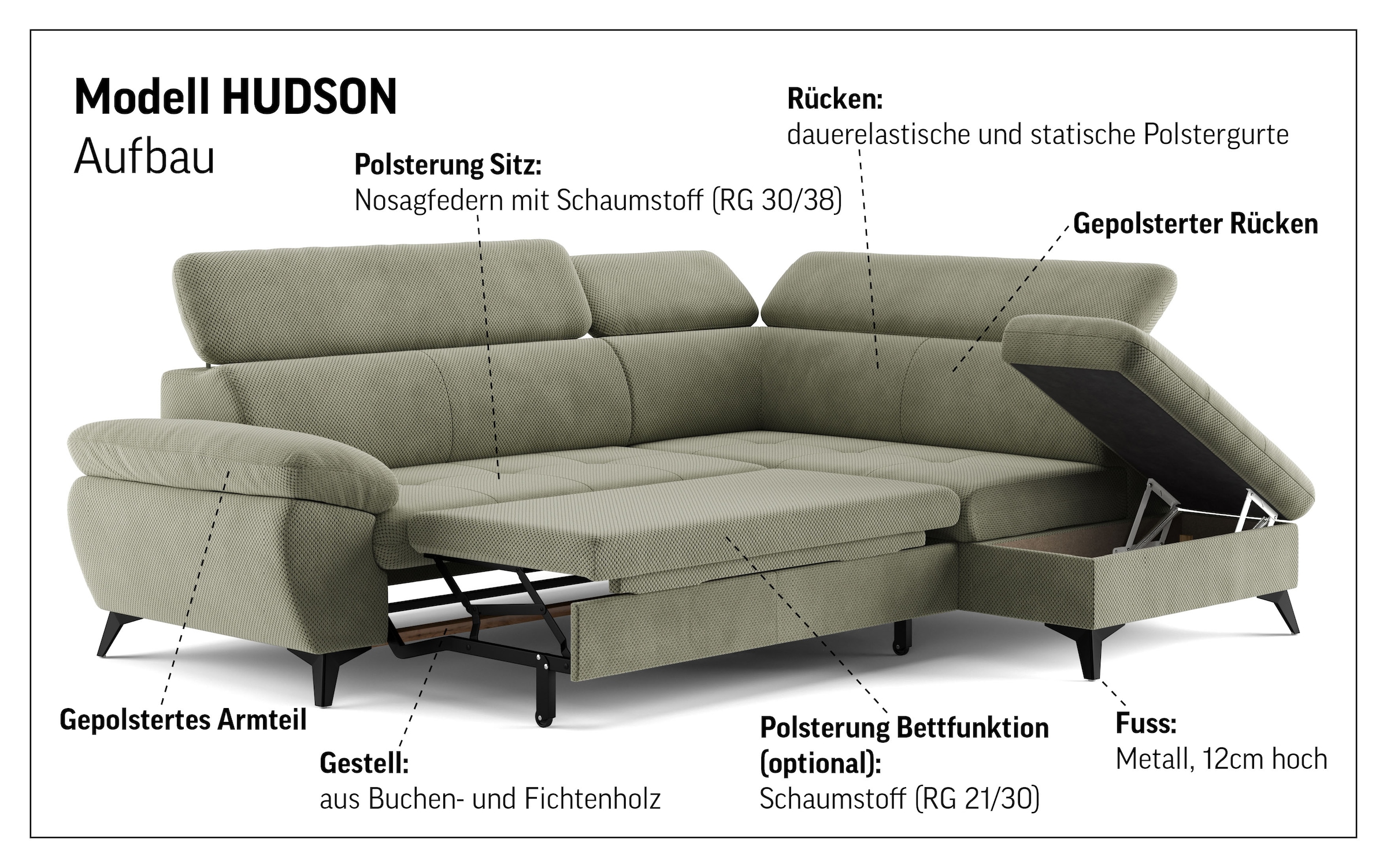 COTTA Ecksofa »Hudson L-Form, B: 256 cm« mit Kopfteilverstellung, optional Bettfunktion & Bettkasten