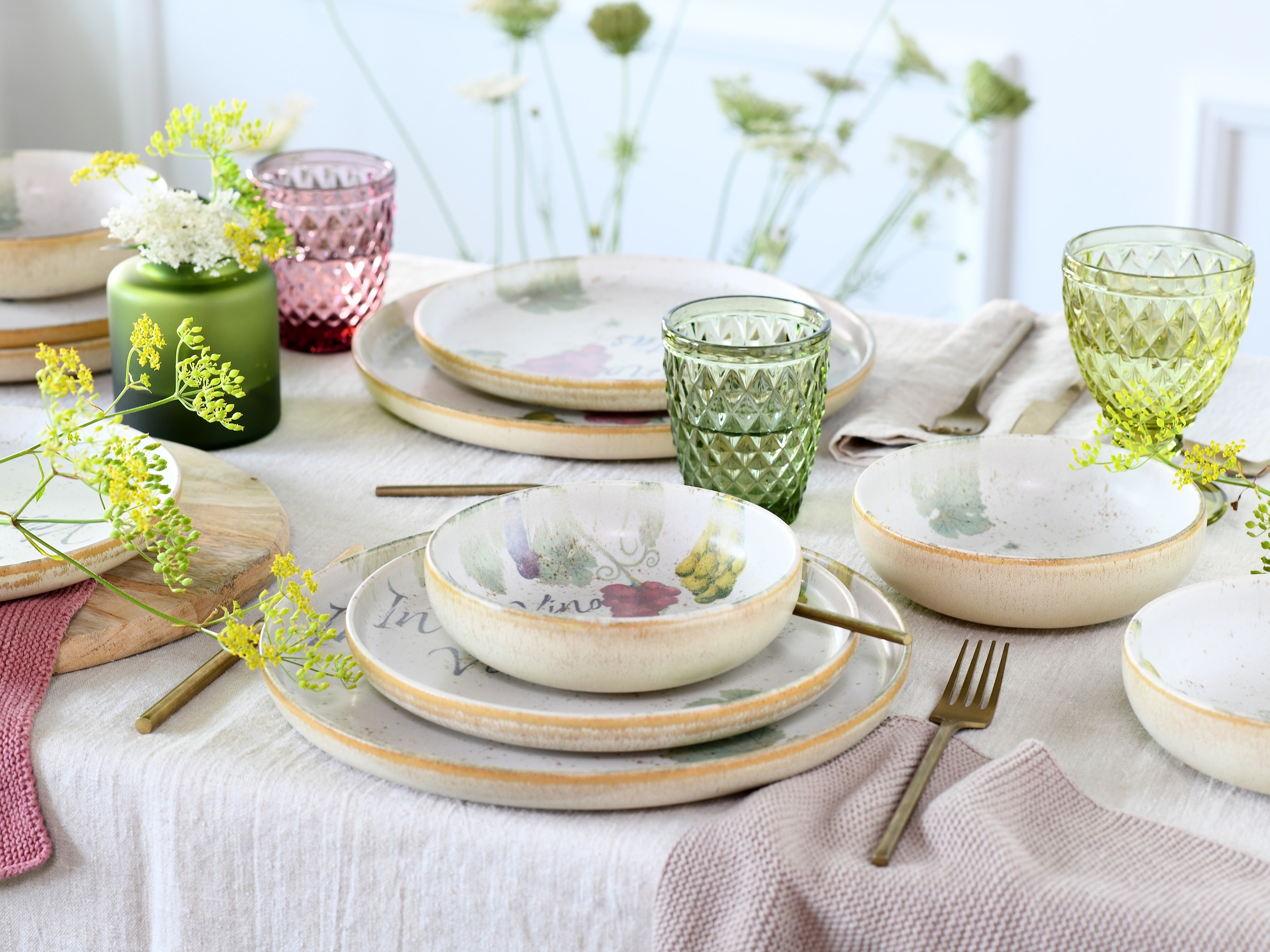 CreaTable Teller-Set »Uno In Vino Veritas, Teller Set 12-tlg« Weintraubenmotive, Vintage Style