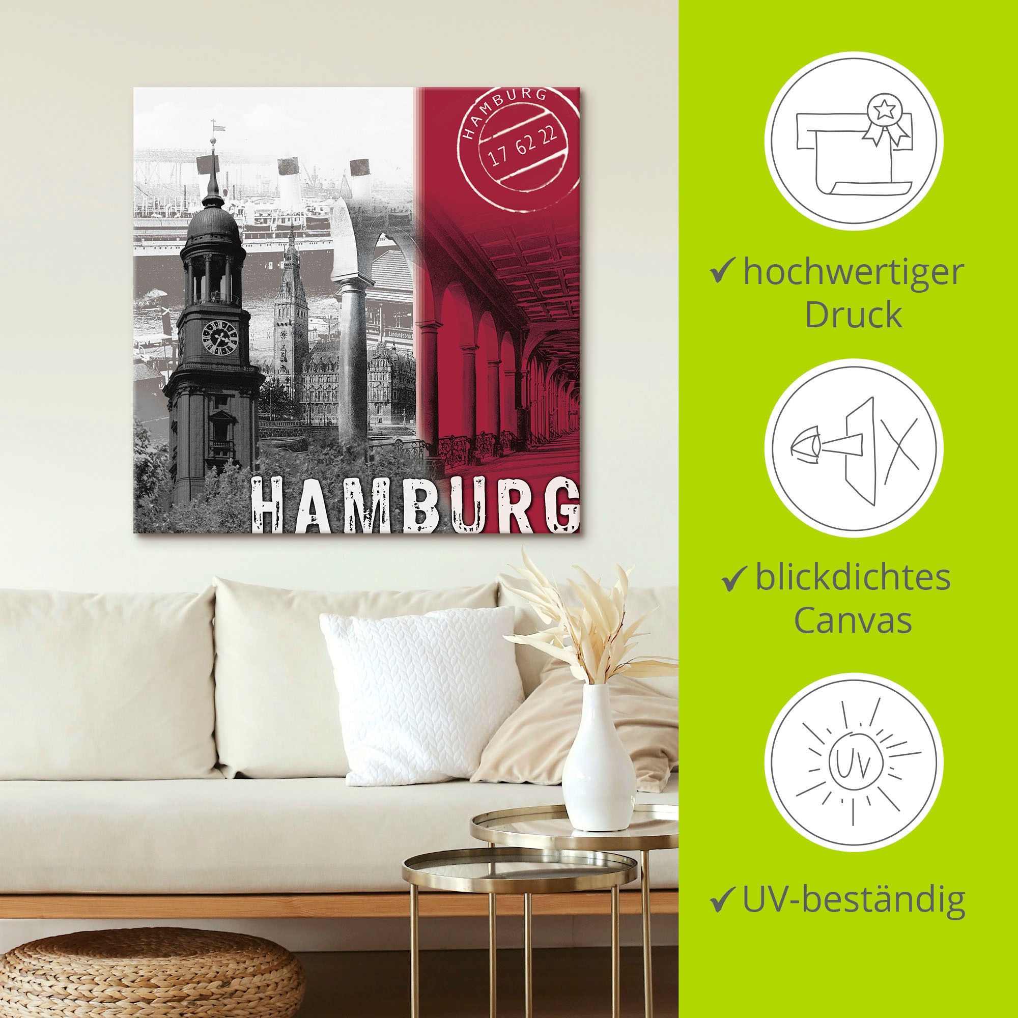 Artland Wandbild »Hamburg_ bordeauxrot«, Deutschland, (1 St.), als Leinwandbild, Poster in verschied. Größen