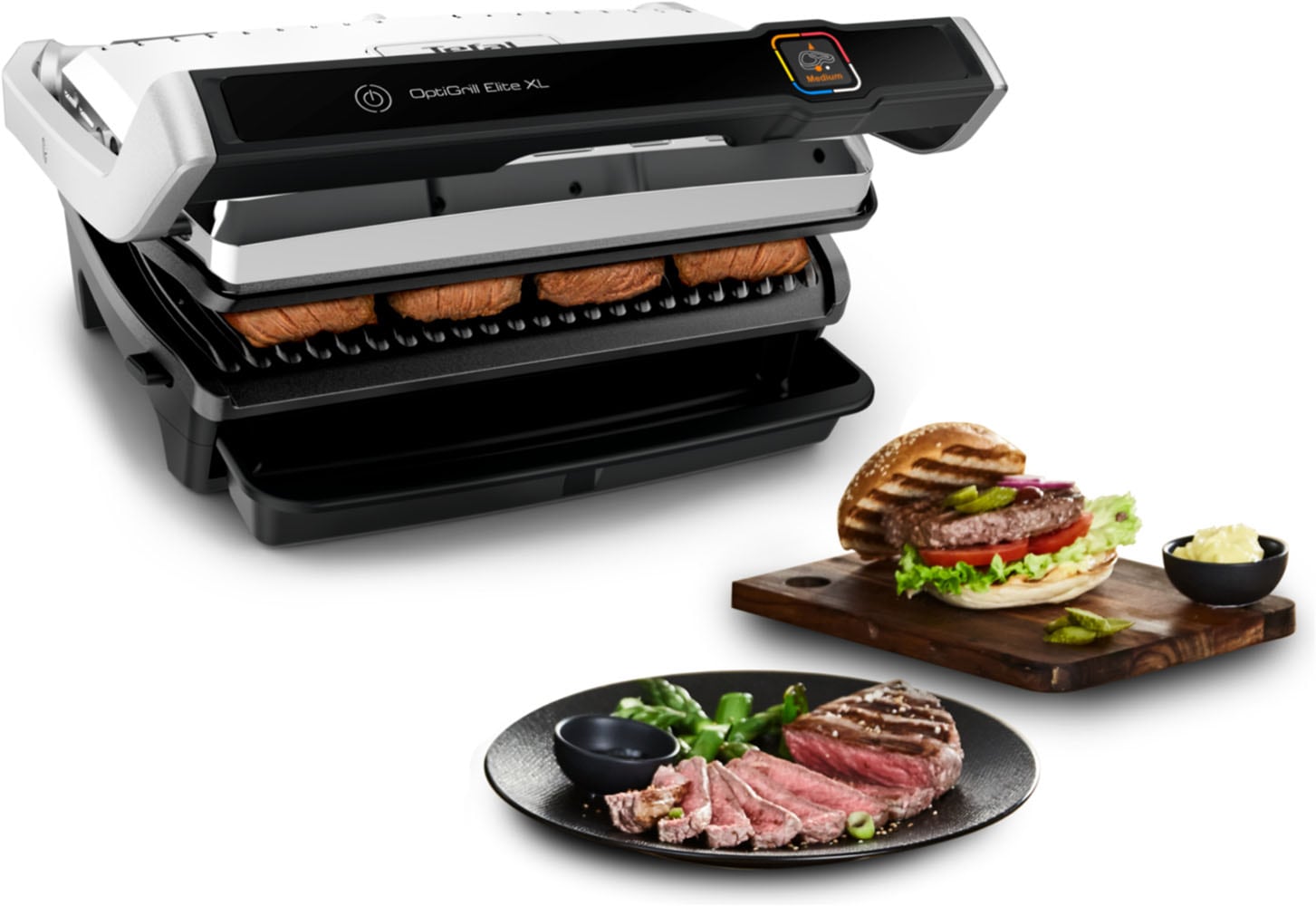 Tefal Kontaktgrill "OptiGrill Elite XL, spülmaschinengeeignete Platten" 2200 W Countdown zum Grillergebnis, Grillboost für Grillstreifen, GC760D