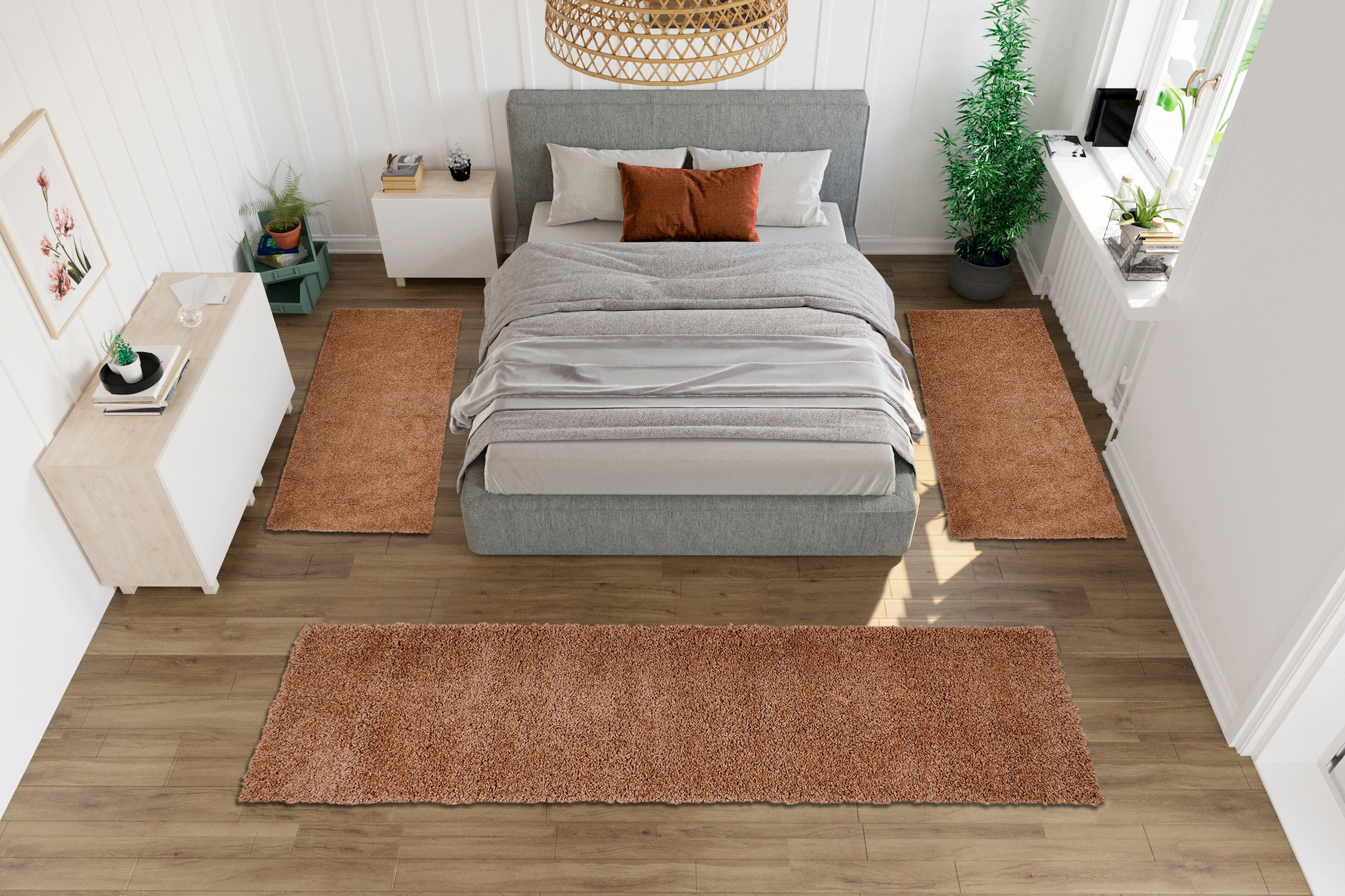 OTTO home Bettumrandung »Shaggy 30« Höhe 30 mm 3 Stk. tlg. gewebt, 2- oder 3-teilig, Bettvorleger, Läufer-Set, Uni-Farben