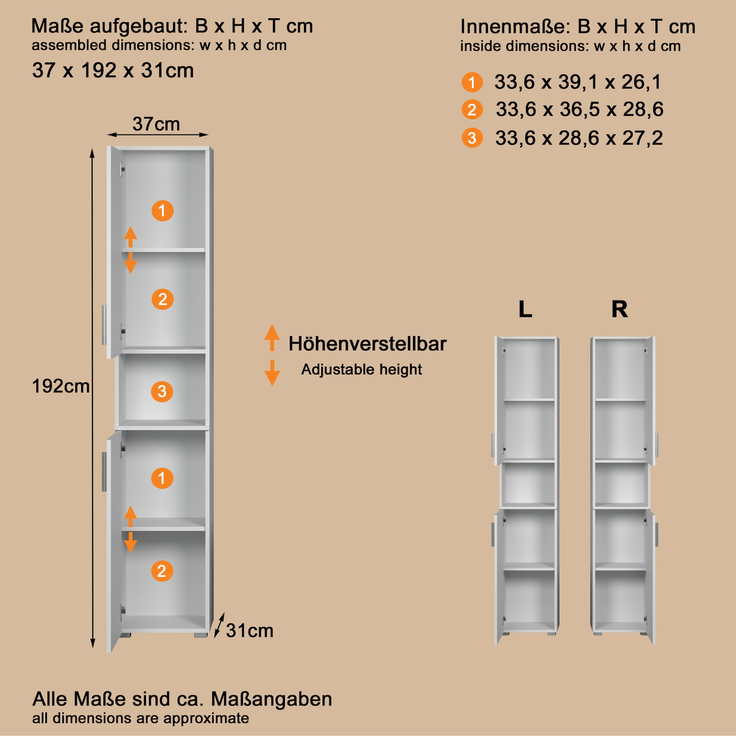welltime Hochschrank »Prag«, (1 St.), Hochschrank mit 2 Türen & 1 Fach - (B/T/H) 37/31/192 cm