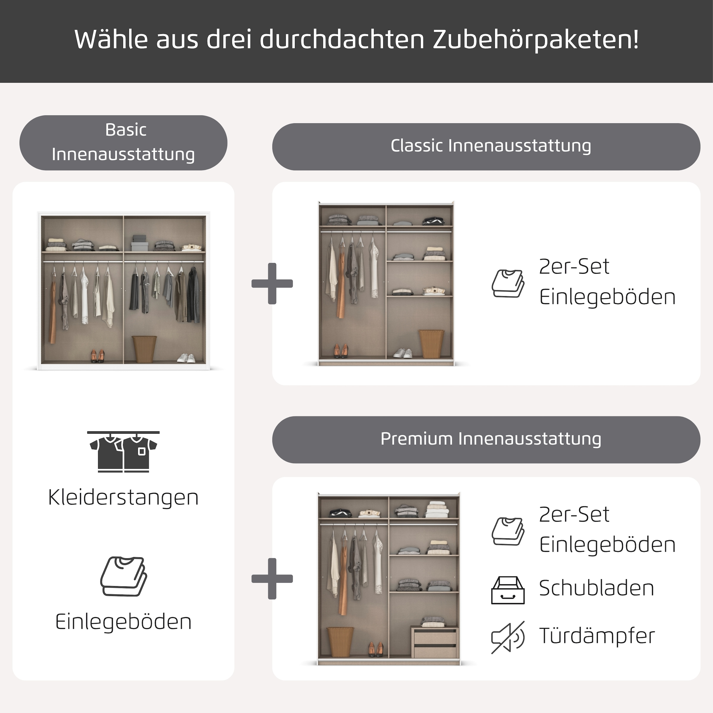 rauch Schwebetürenschrank »Kleiderschrank Drehtürenschrank Schrank Garderobe KRONACH« in 3 Ausstattungen BASIC/CLASSIC/PREMIUM, Breiten 131/175/218/261 cm,  optional ohne, mit 1 oder 2 Spiegel, viel Stauraum MADE IN GERMANY
