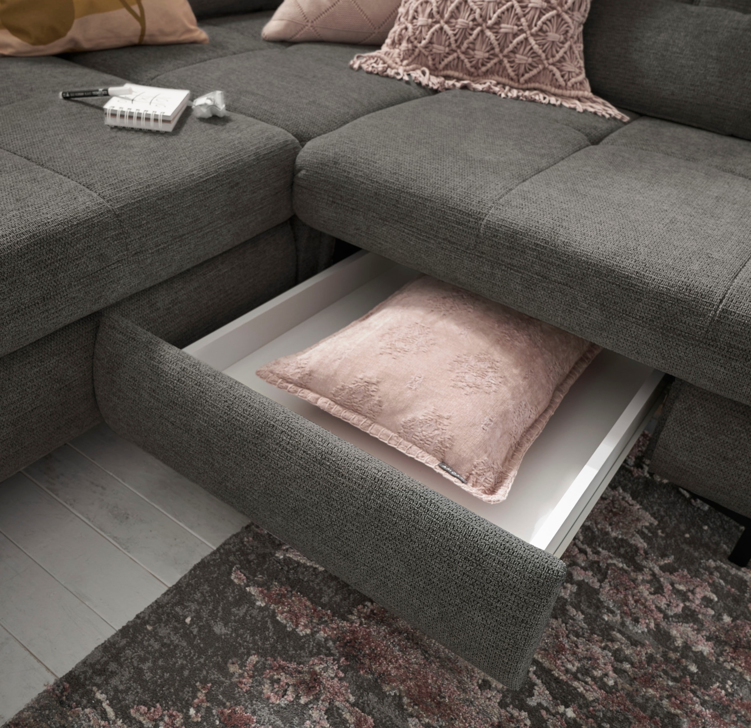 set one by Musterring Ecksofa »SO 3400 Sitzhöhe 47cm oder 49cm, Sitztiefe verstellbar, B/T 317/220 cm« Kaltschaumpolsterung, Flachgewebe, whlw. mit Funktionen, Sitzhöhe 47