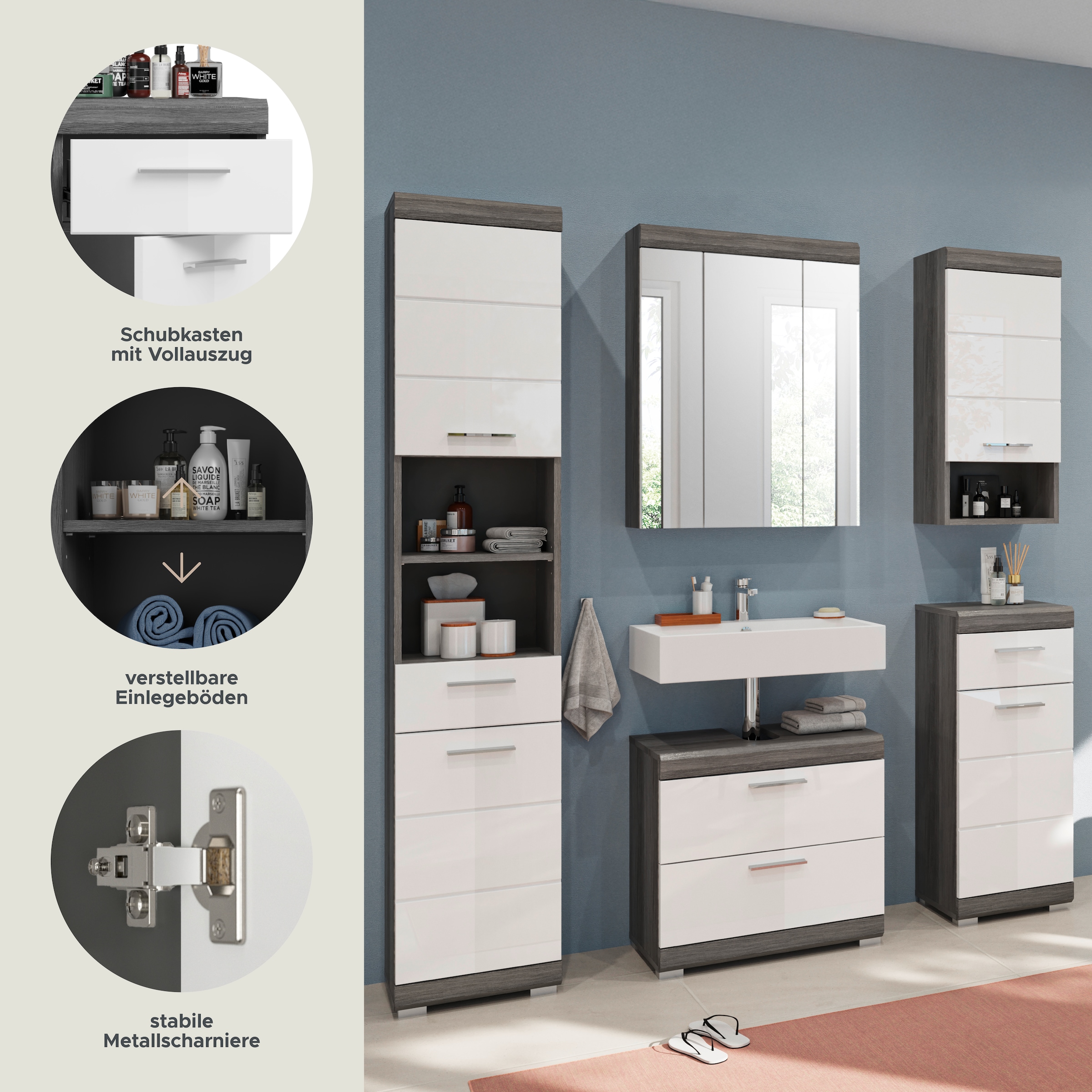 INOSIGN Badmöbel-Set »Siena, 5 teilig, bestehend aus:«, (Set, 5 St.), Hochschrank, WBU, Spiegelschrank, Unterschrank, Hängeschrank